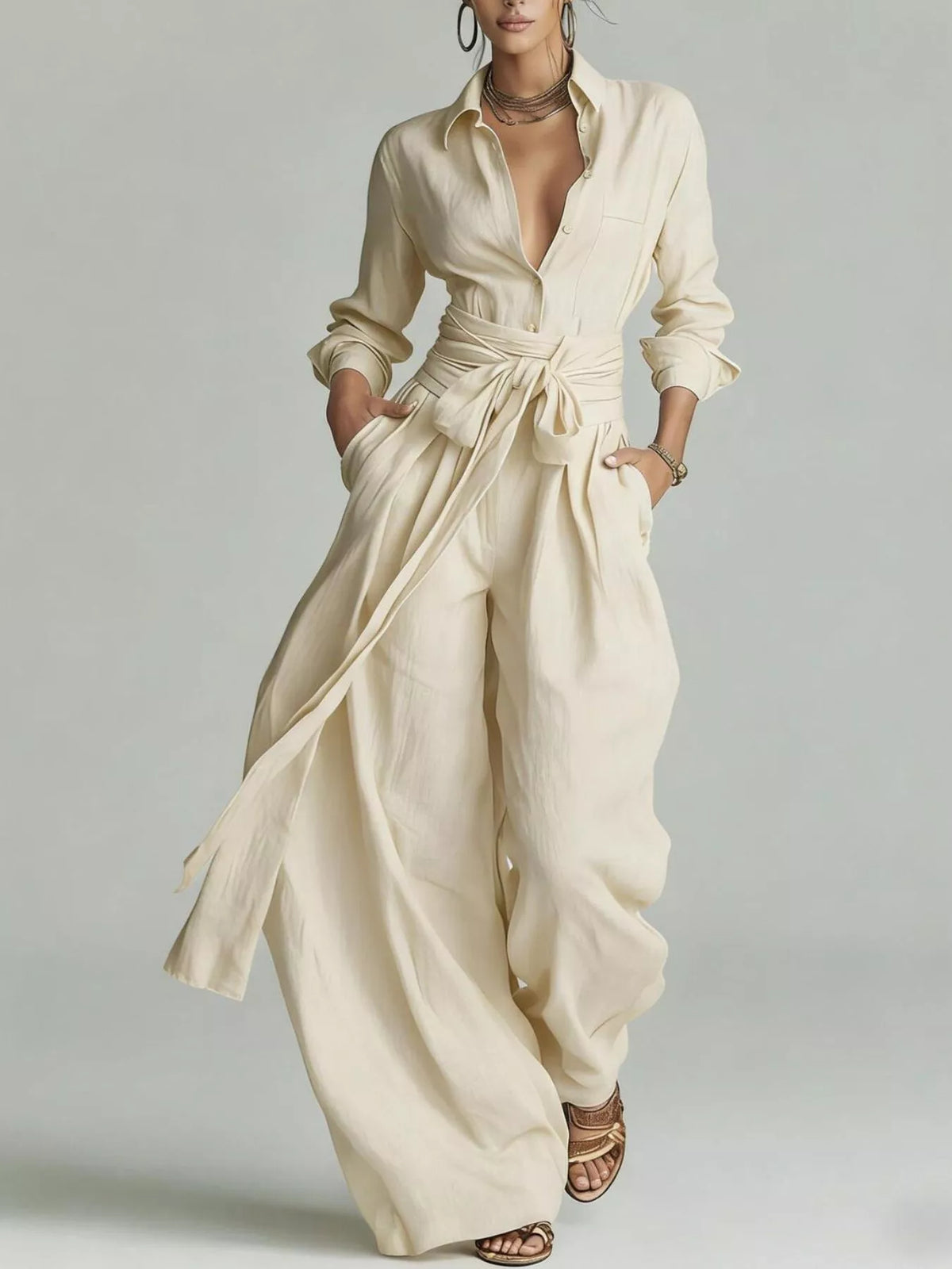Long-Sleeve Button-Down Waist-Tie Jumpsuit