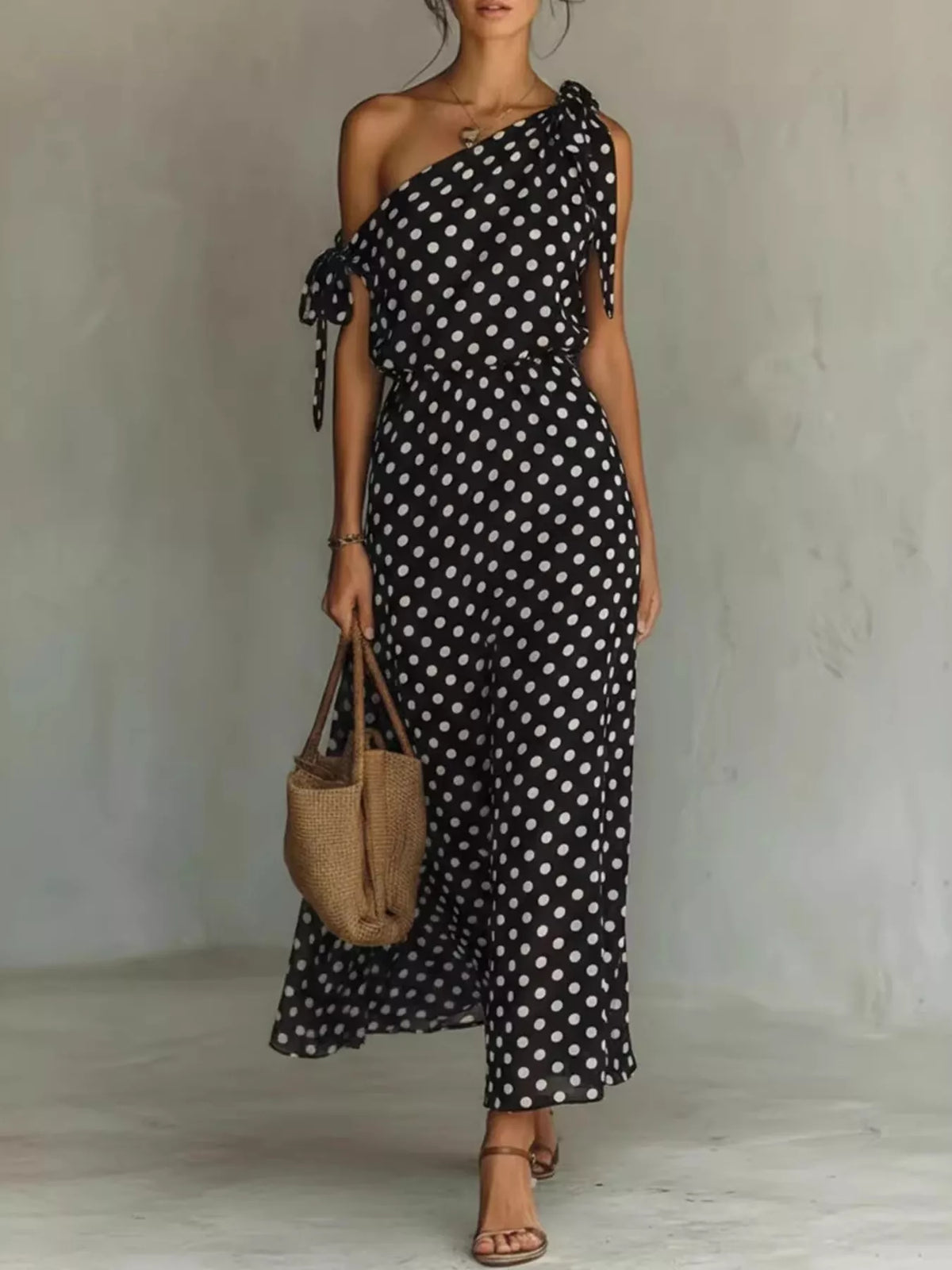One-Shoulder Polka Dot Maxi Dress
