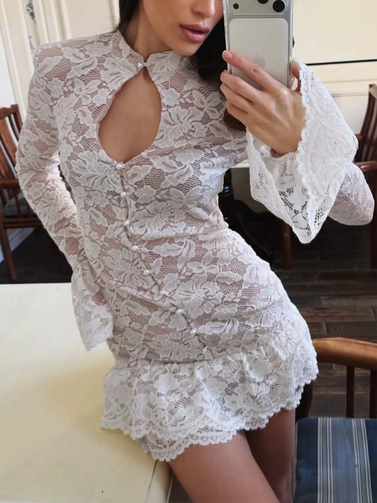 Lace Long-Sleeve Ruched Mini Dress in White