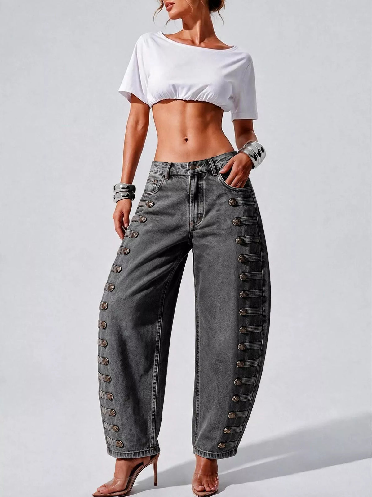 Decorative Button Wide Leg Jeans