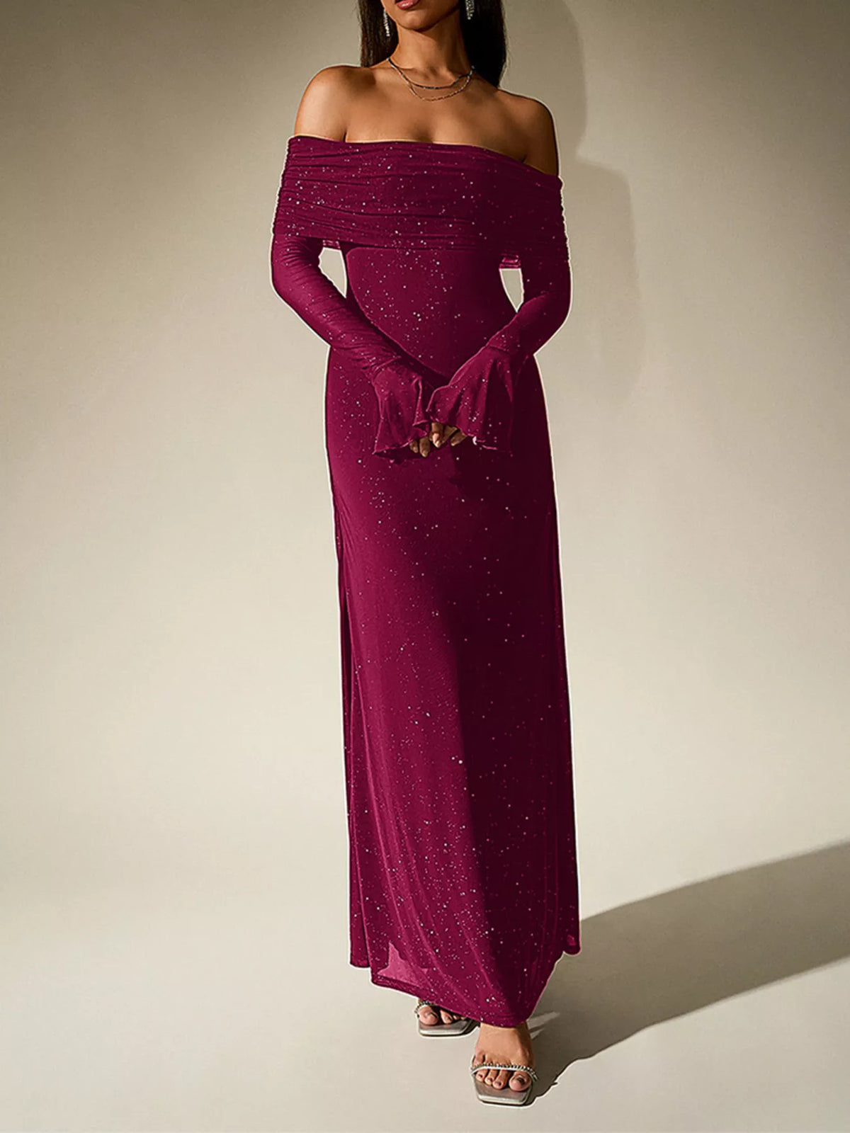 Glitter Off-Shoulder Maxi Dress