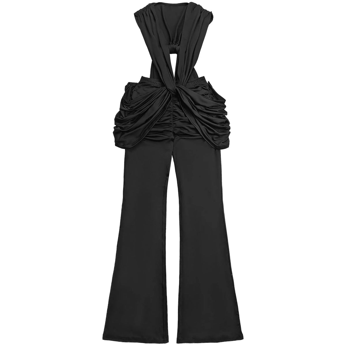 Deep V-Neck Knot-Front Flare Leg Jumpsuit