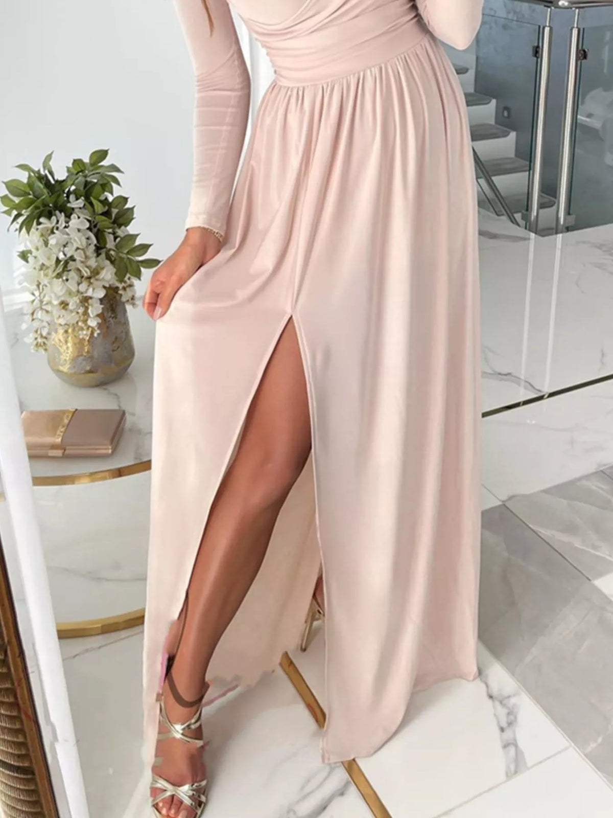 Slit Surplice Cold Shoulder Maxi Dress