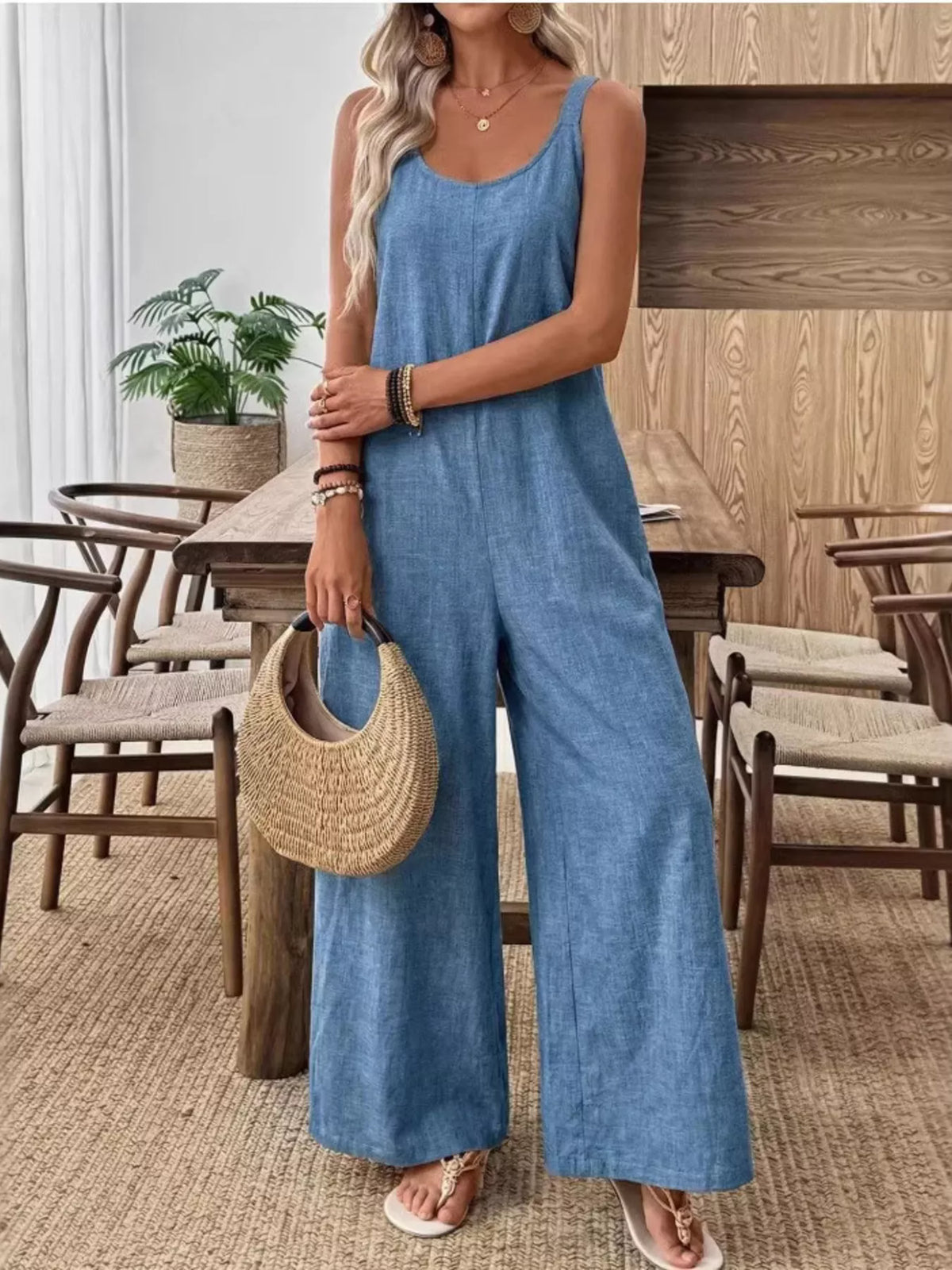 Spaghetti Strap Wide Leg Jumpsuit in Dusty Blue