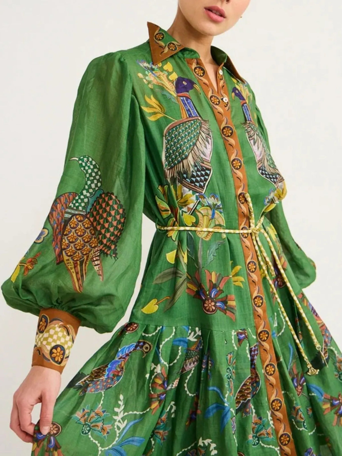 Printed Lantern Sleeve Shirt Dress in Green