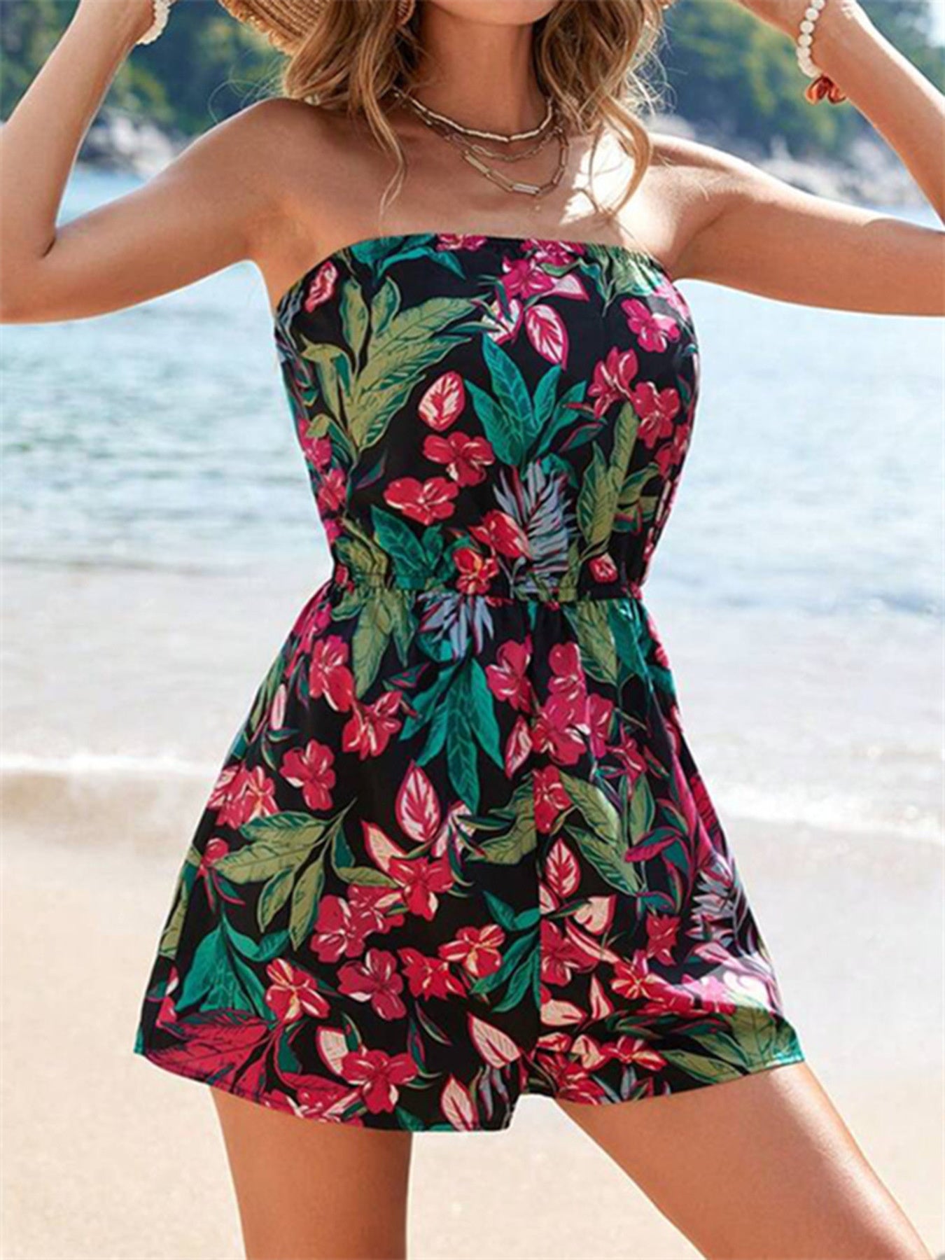 Floral Print Strapless Romper
