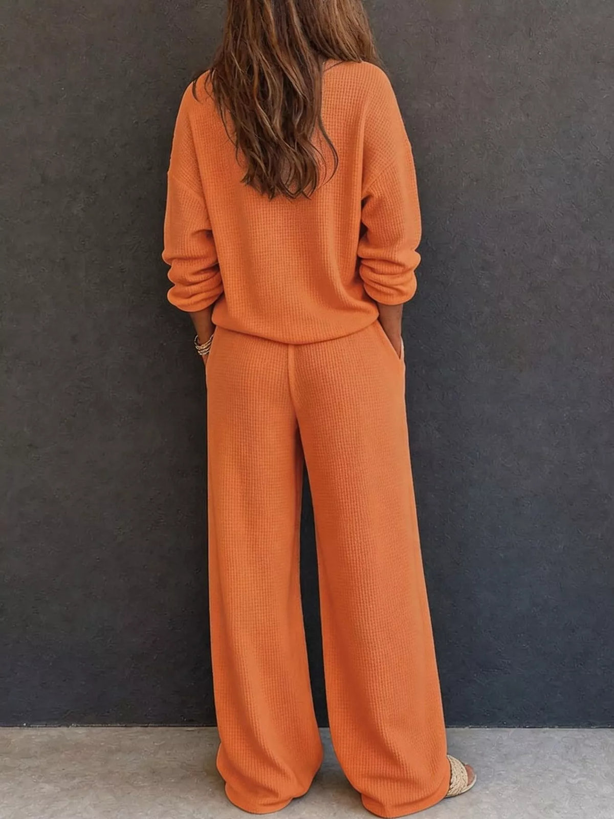 Waffle Knit Button Detail Top and Pants Set