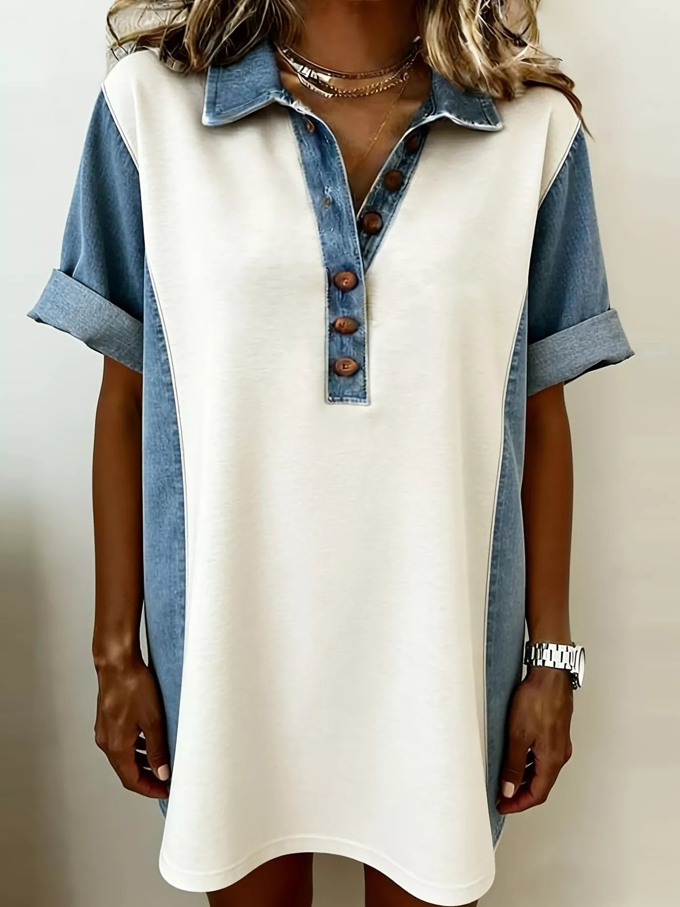 Denim Patchwork Button-Front Mini Dress in Gray and White in Gray/white
