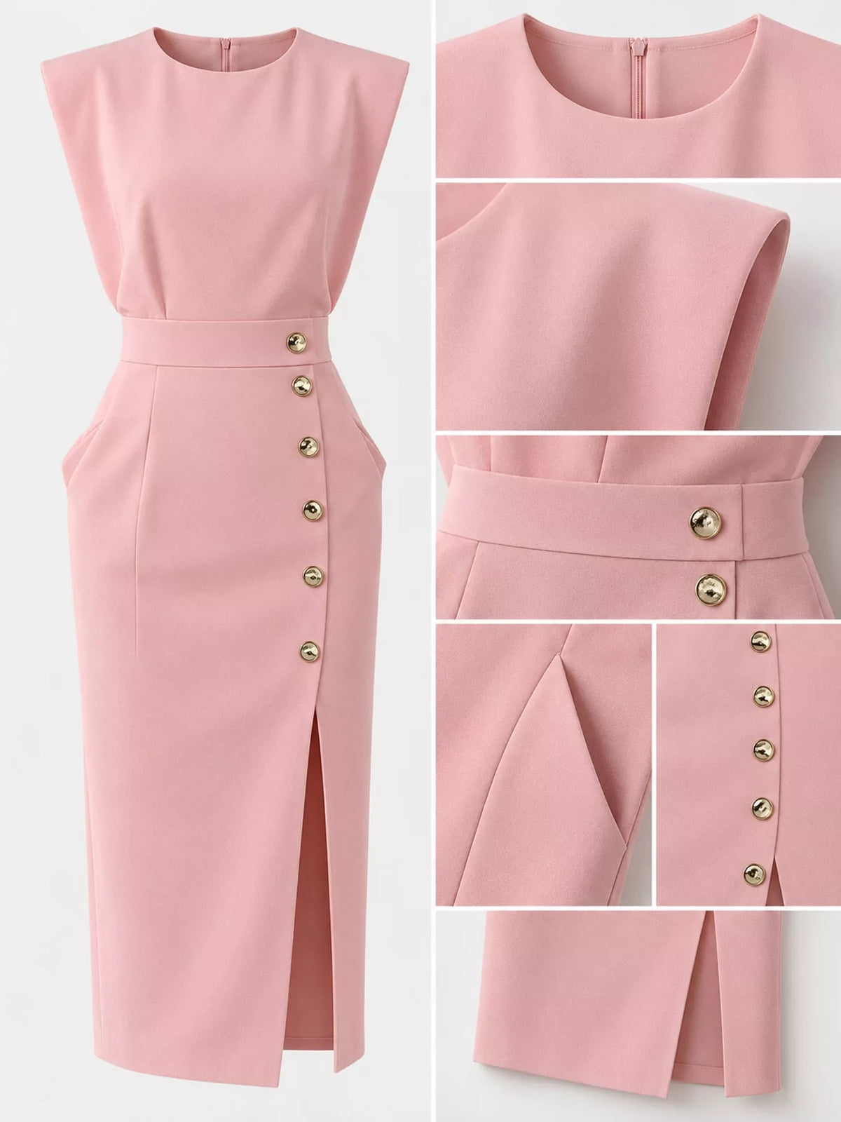 Sleeveless Midi Dress with Gold Button Detail