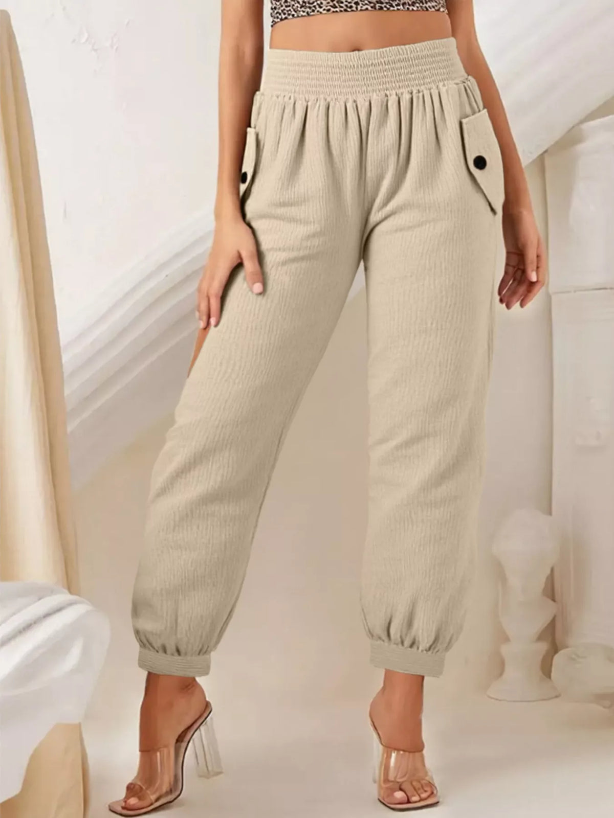 Smocked Textured Casual Pants in Beige