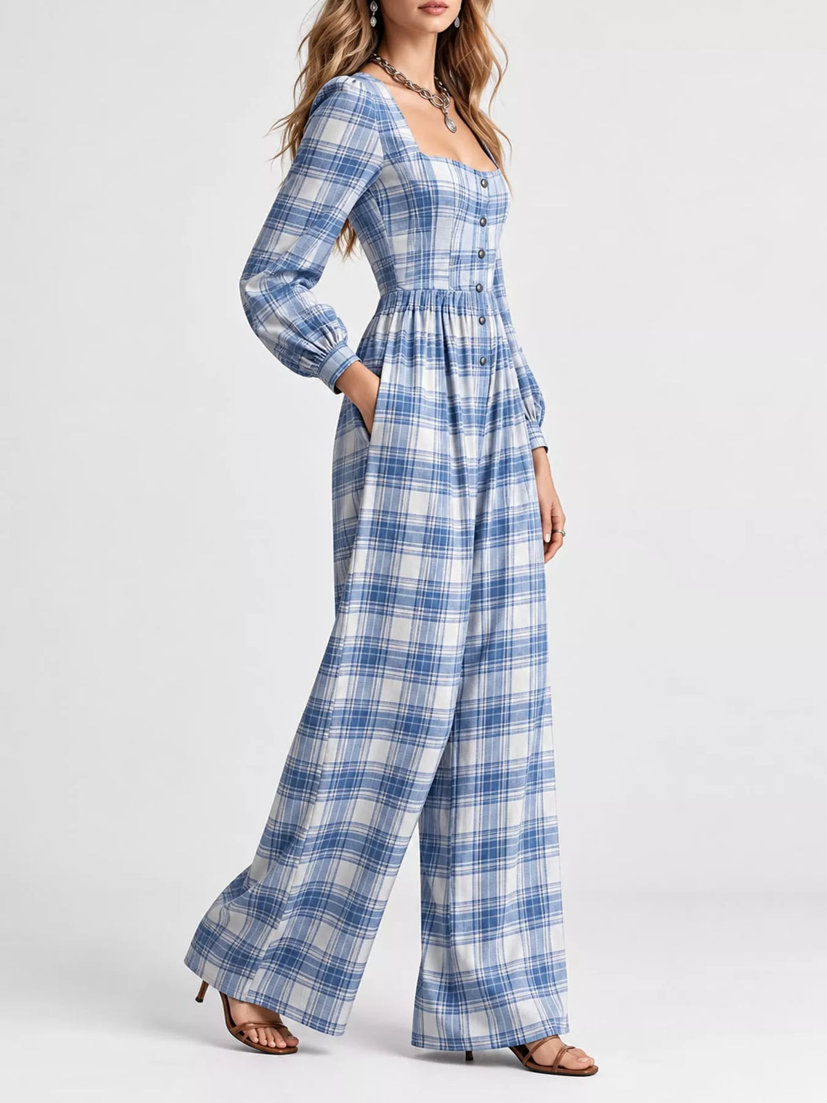 Plaid Square-Neck Wide-Leg Jumpsuit