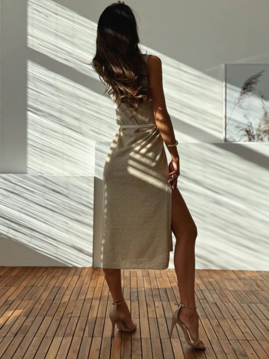 Slit V-Neck Sleeveless Sweater Dress in Khaki