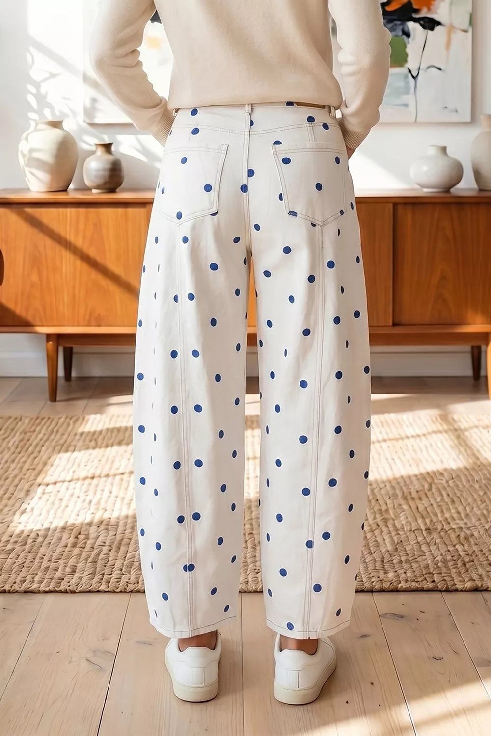 Polka Dot Wide-Leg Jeans in Light Blue