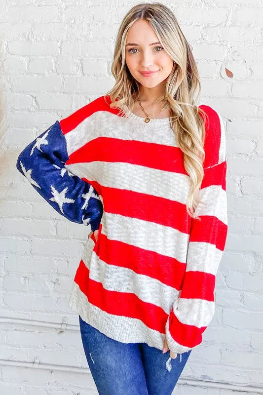 And The Why American Flag Long Sleeve Sweater in Red and Navy in Red/navy