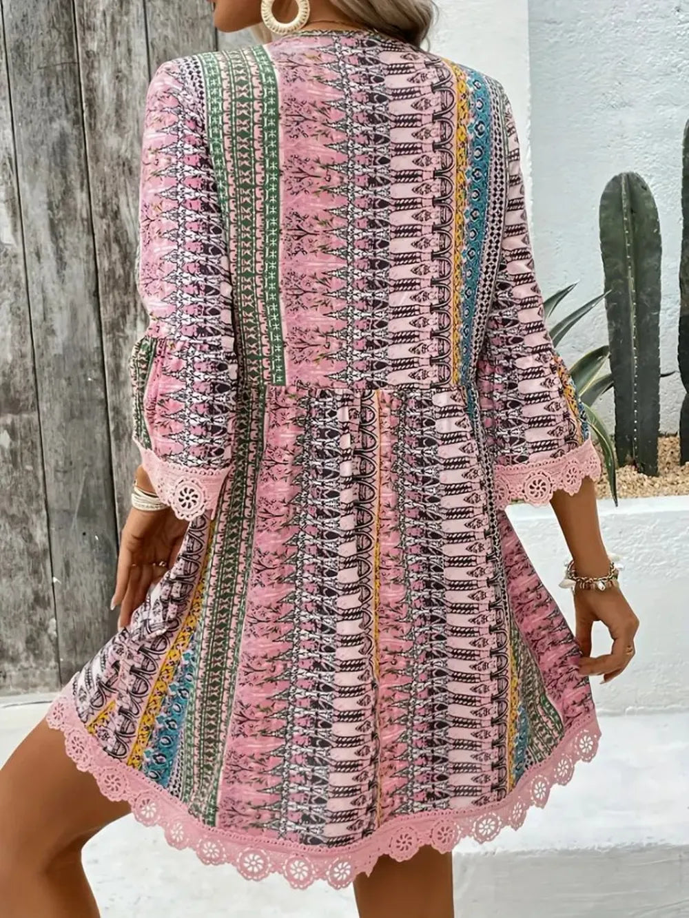 Lace-Trim Printed V-Neck Dress