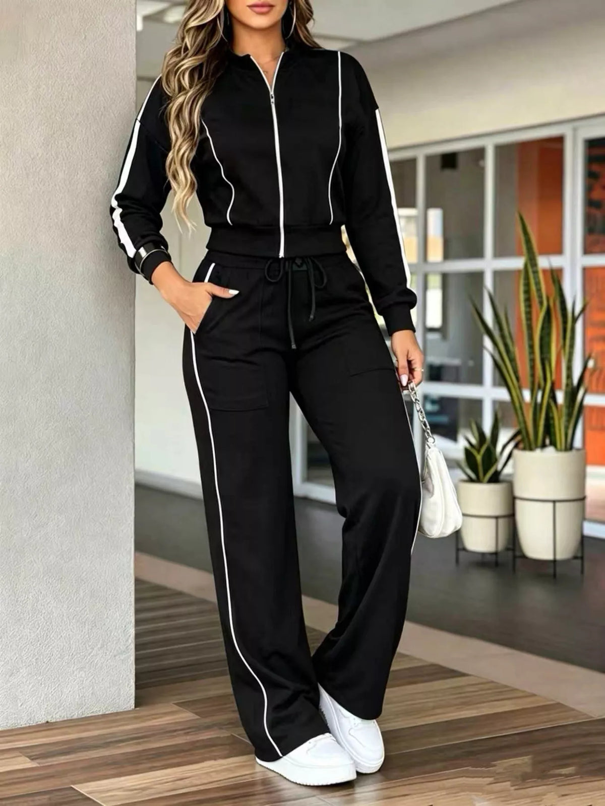 Contrast Zip-Up Top and Pants Set in Black