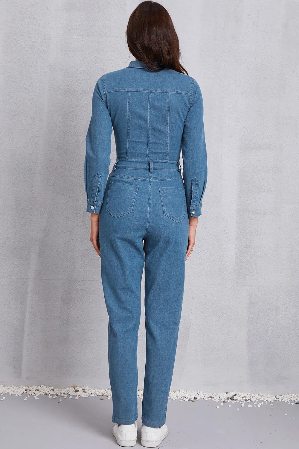 Snap-Down Denim Jumpsuit in Medium Wash by DE.C.H & K.M