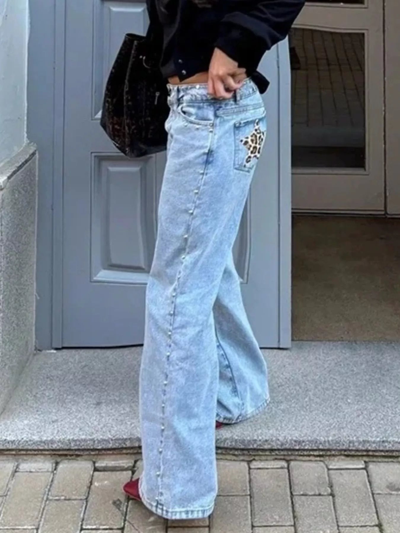 Leopard Star Patch Wide Leg Jeans