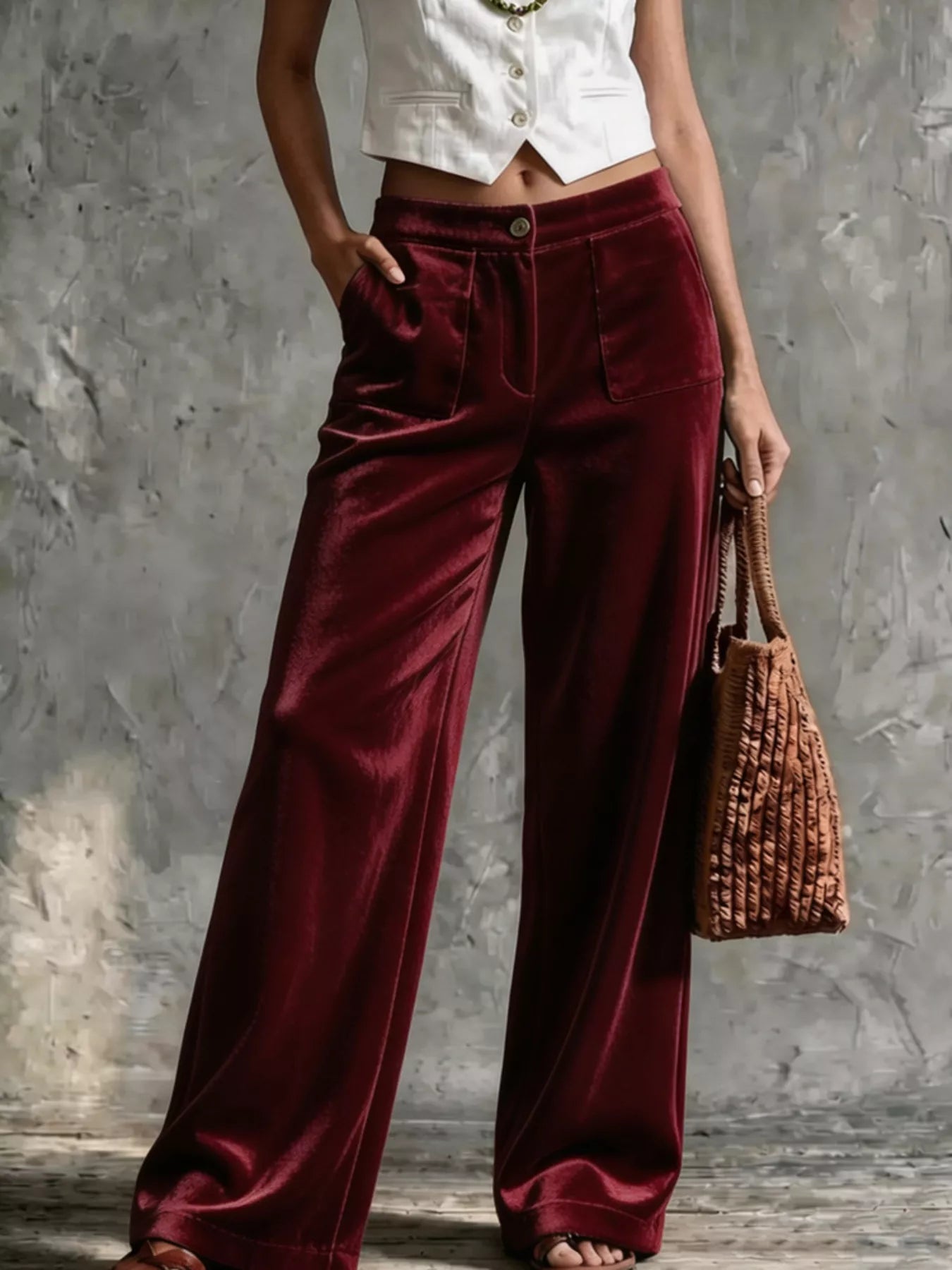 Velvet Wide-Leg Pants with Pockets