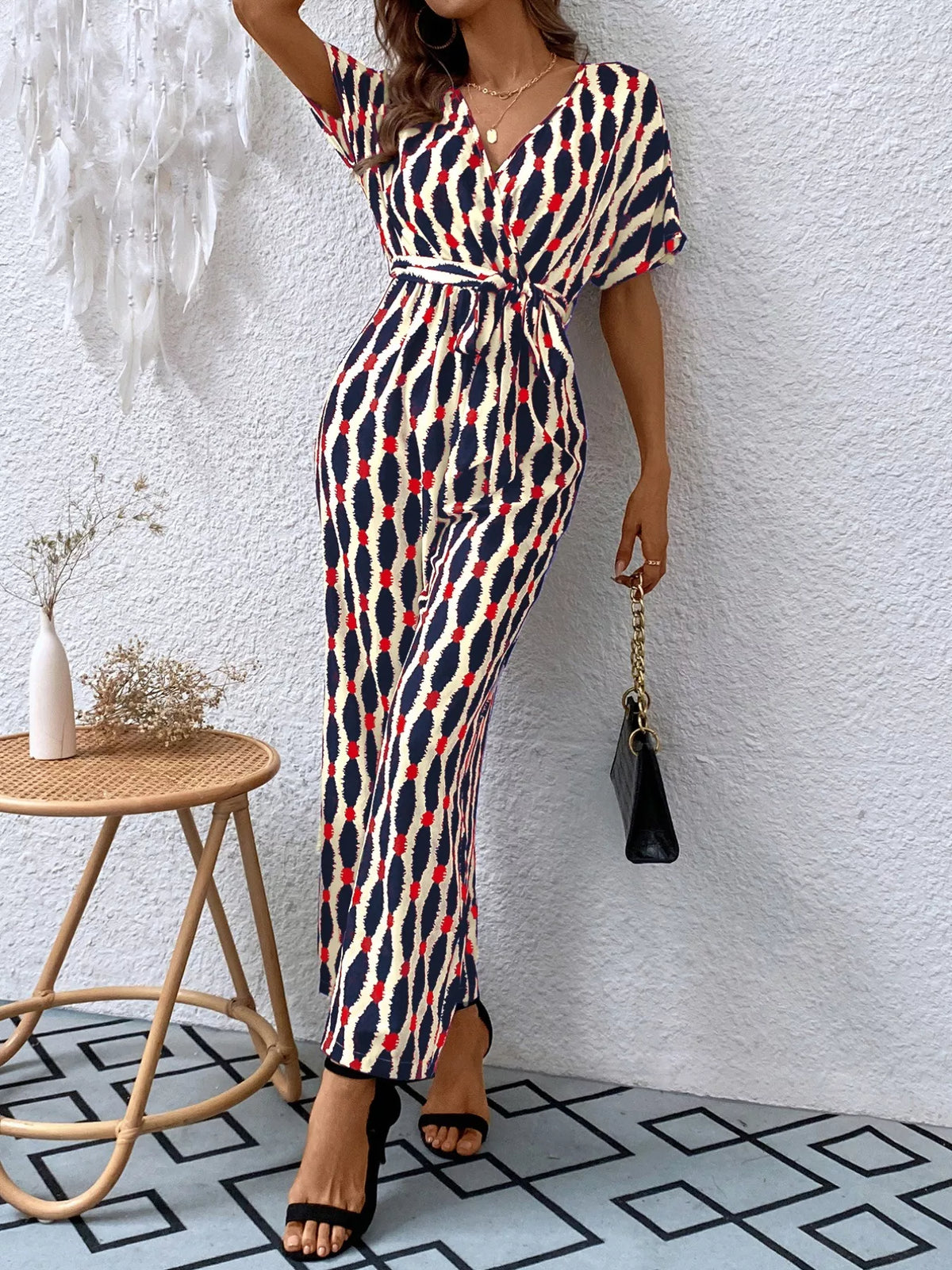 Surplice Tie Waist Short Sleeve Jumpsuit