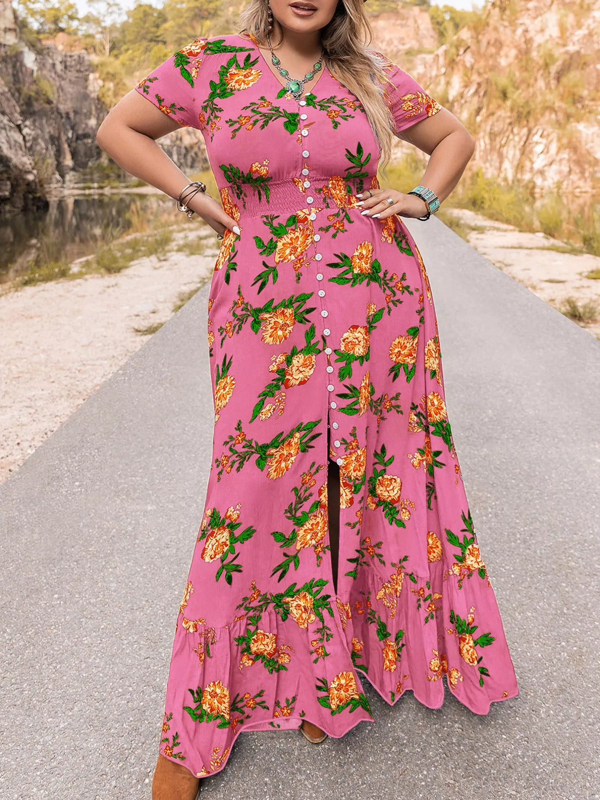 Floral V-Neck Maxi Dress in Fuchsia Pink