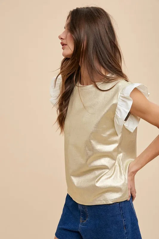 Annie Wear Metallic Knit Ruffle Sleeve Top in Ice Gold