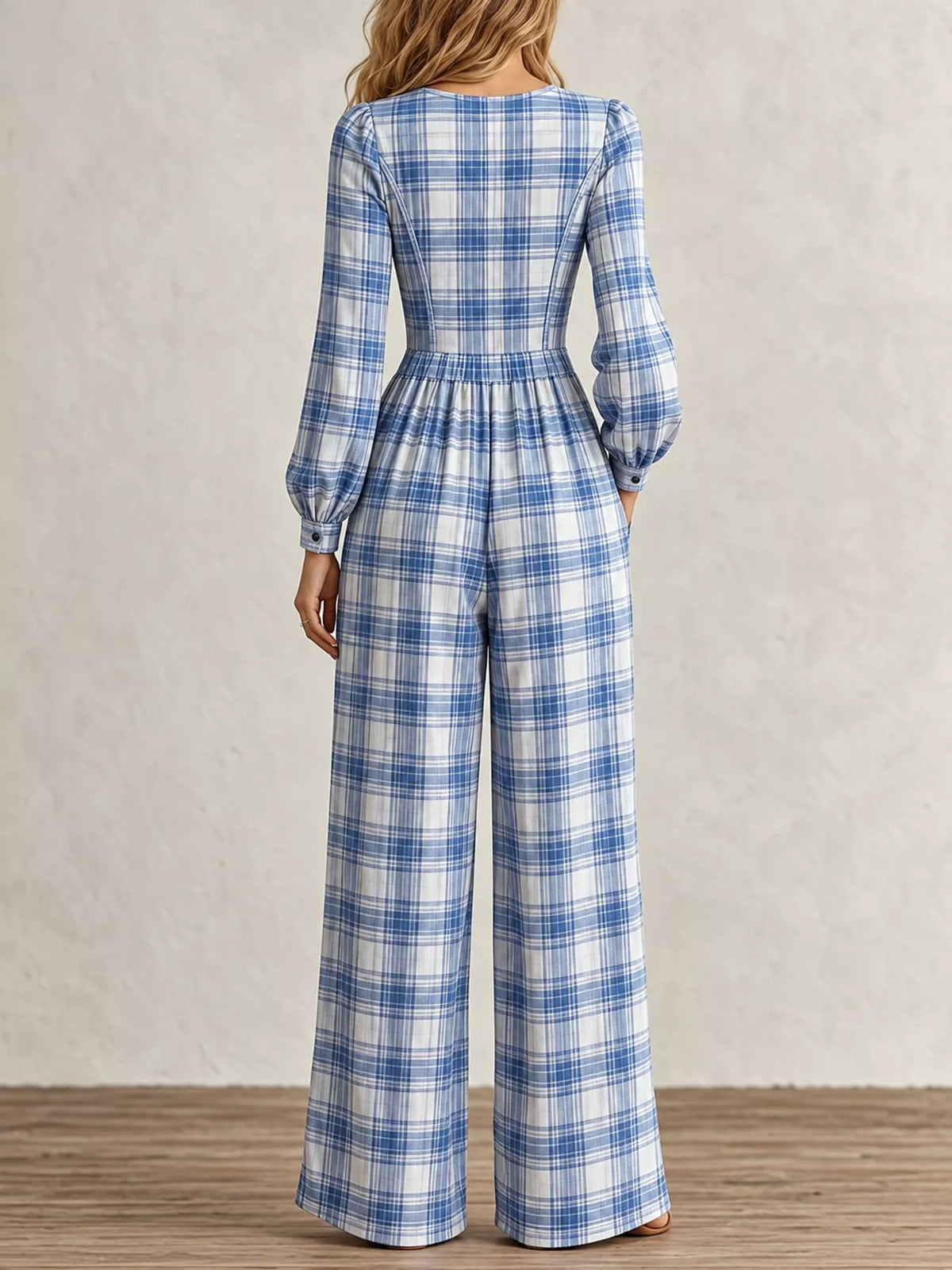 Plaid Square-Neck Wide-Leg Jumpsuit