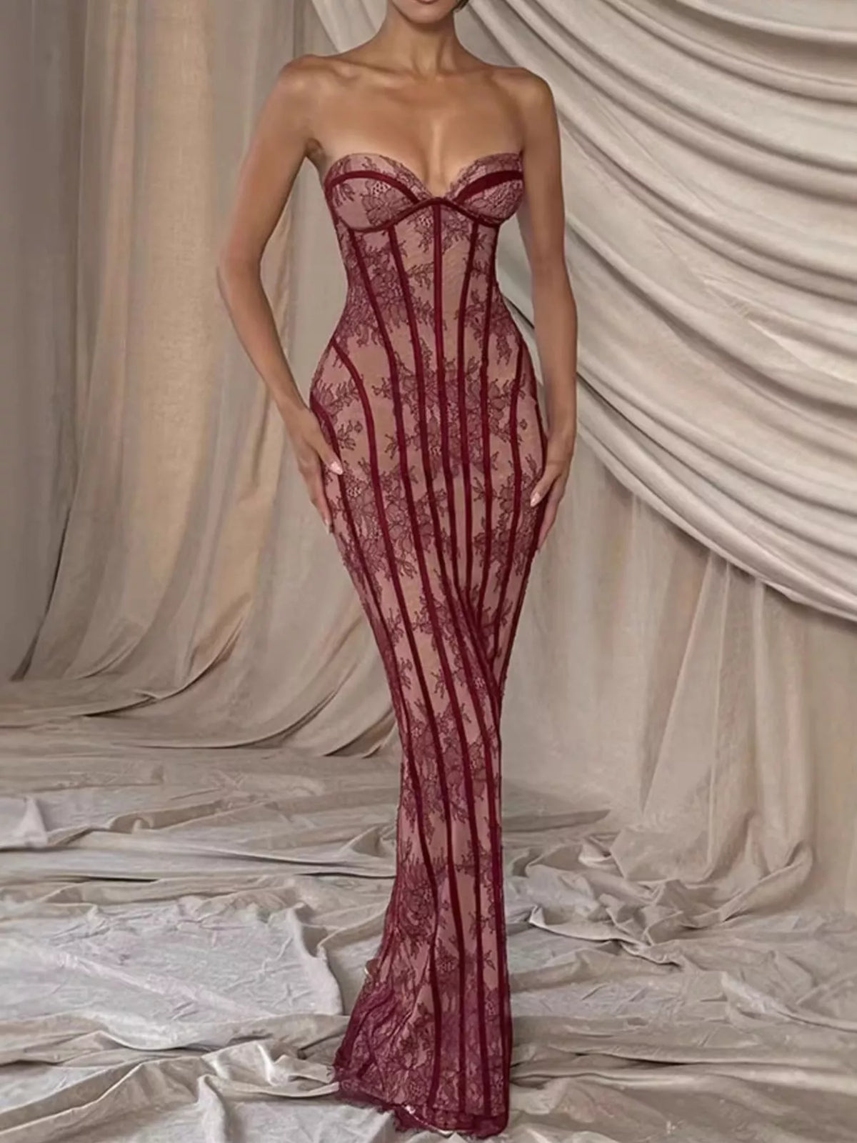 Lace-Up Back Strapless Maxi Dress