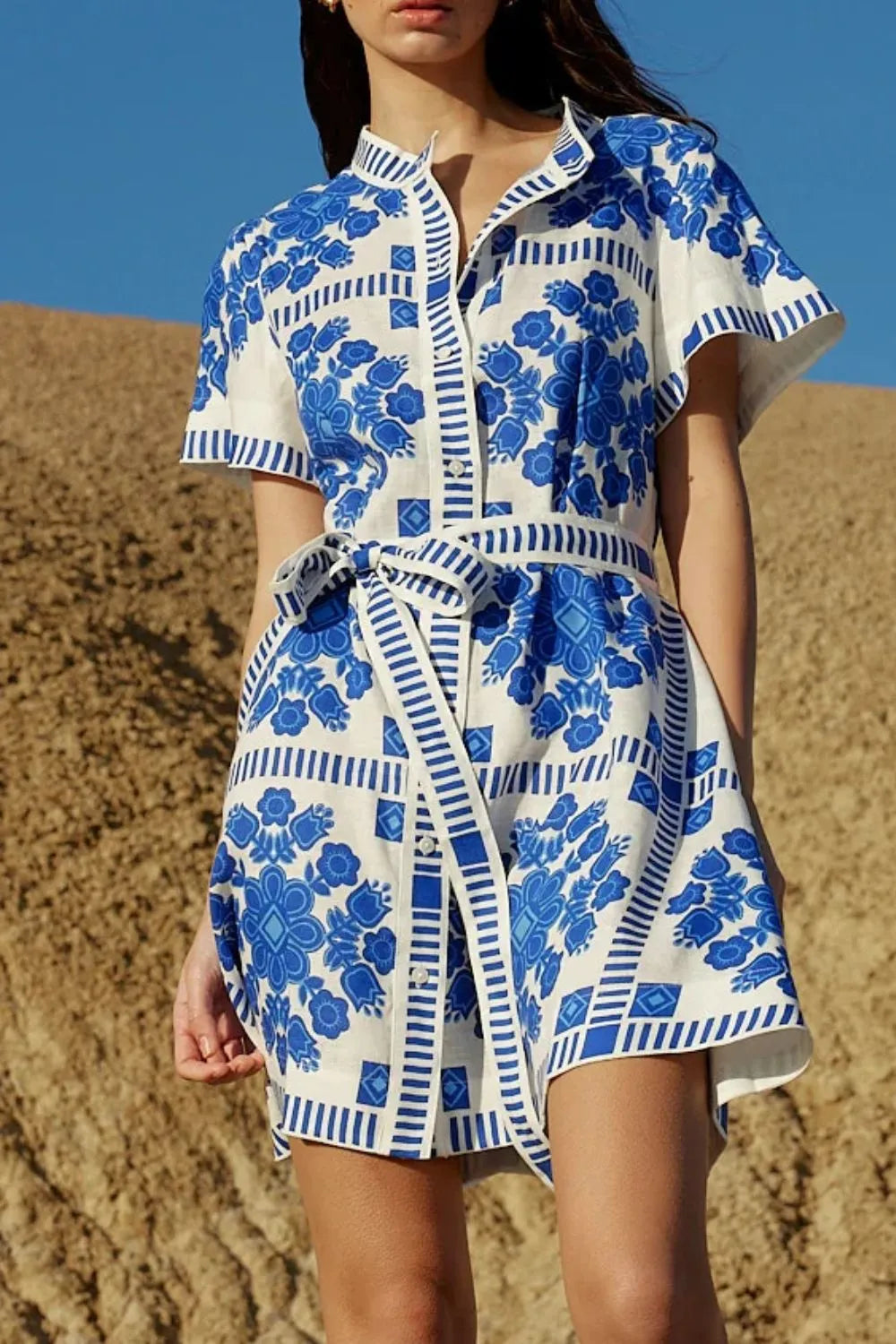 Printed Button-Front Tie Waist Dress