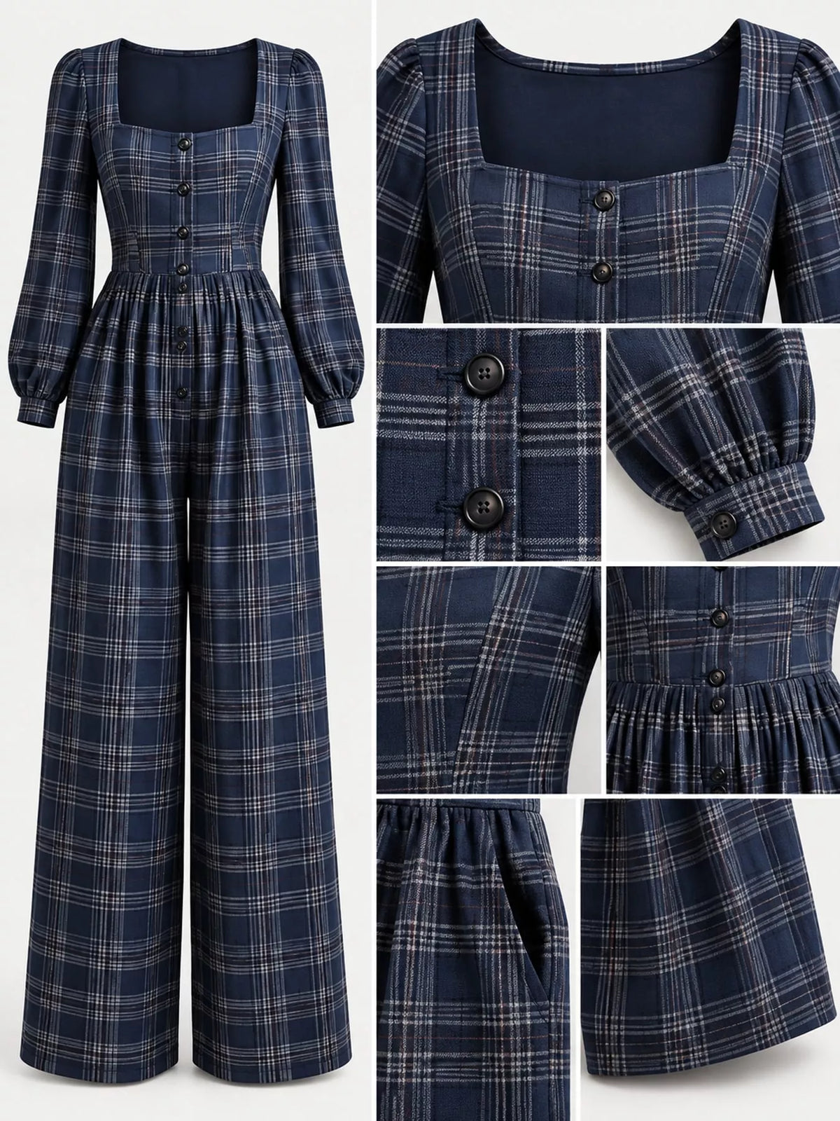 Plaid Square-Neck Wide-Leg Jumpsuit