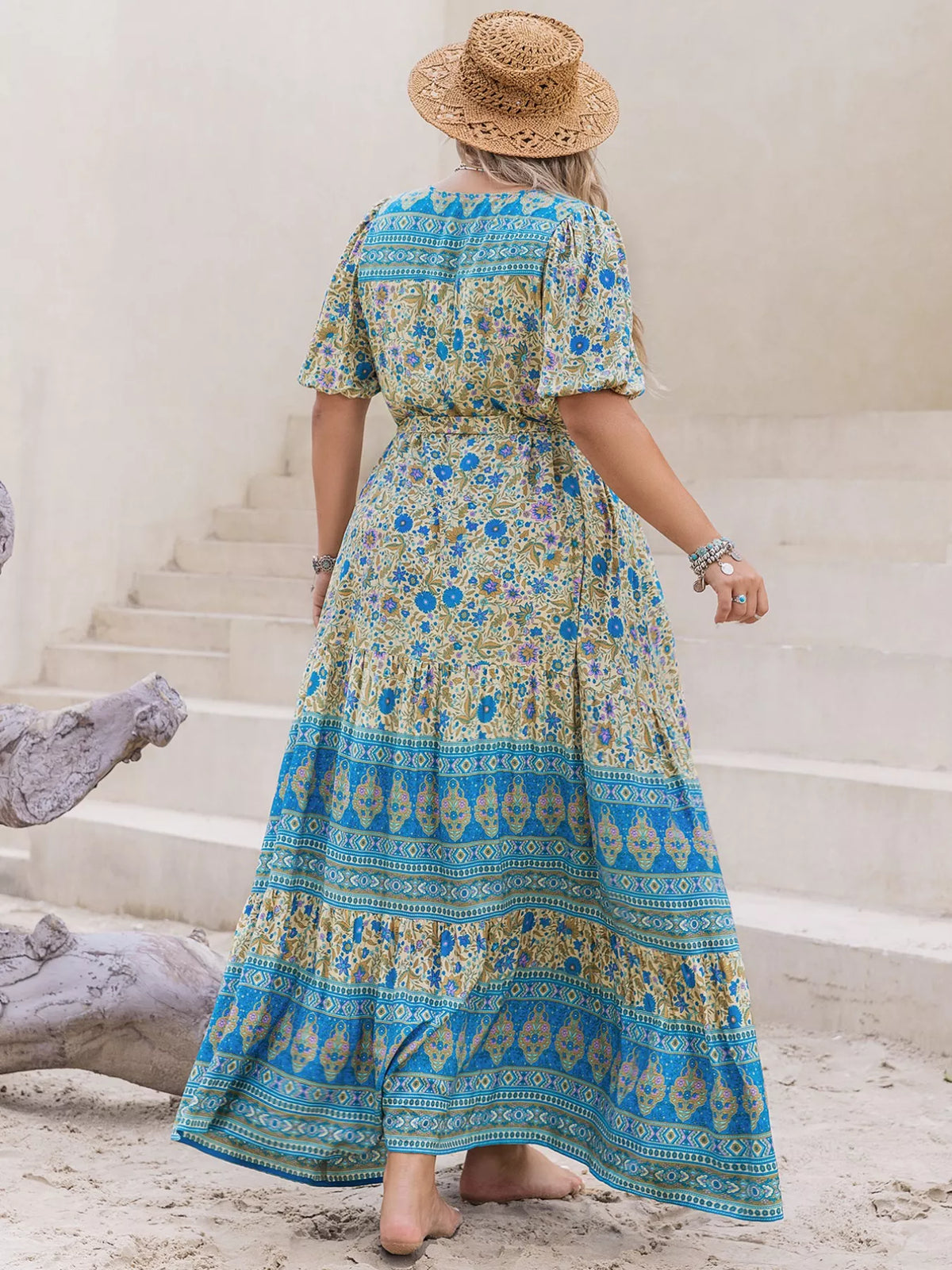 V-Neck Floral Print Maxi Dress in Sky Blue
