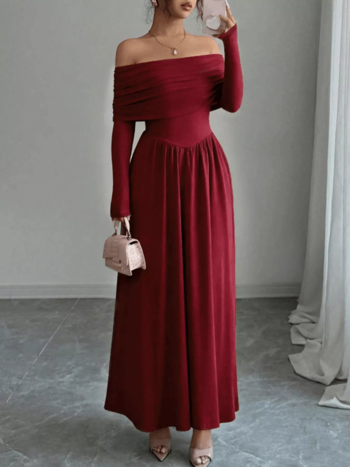 Off-Shoulder Long Sleeve Maxi Dress in Red