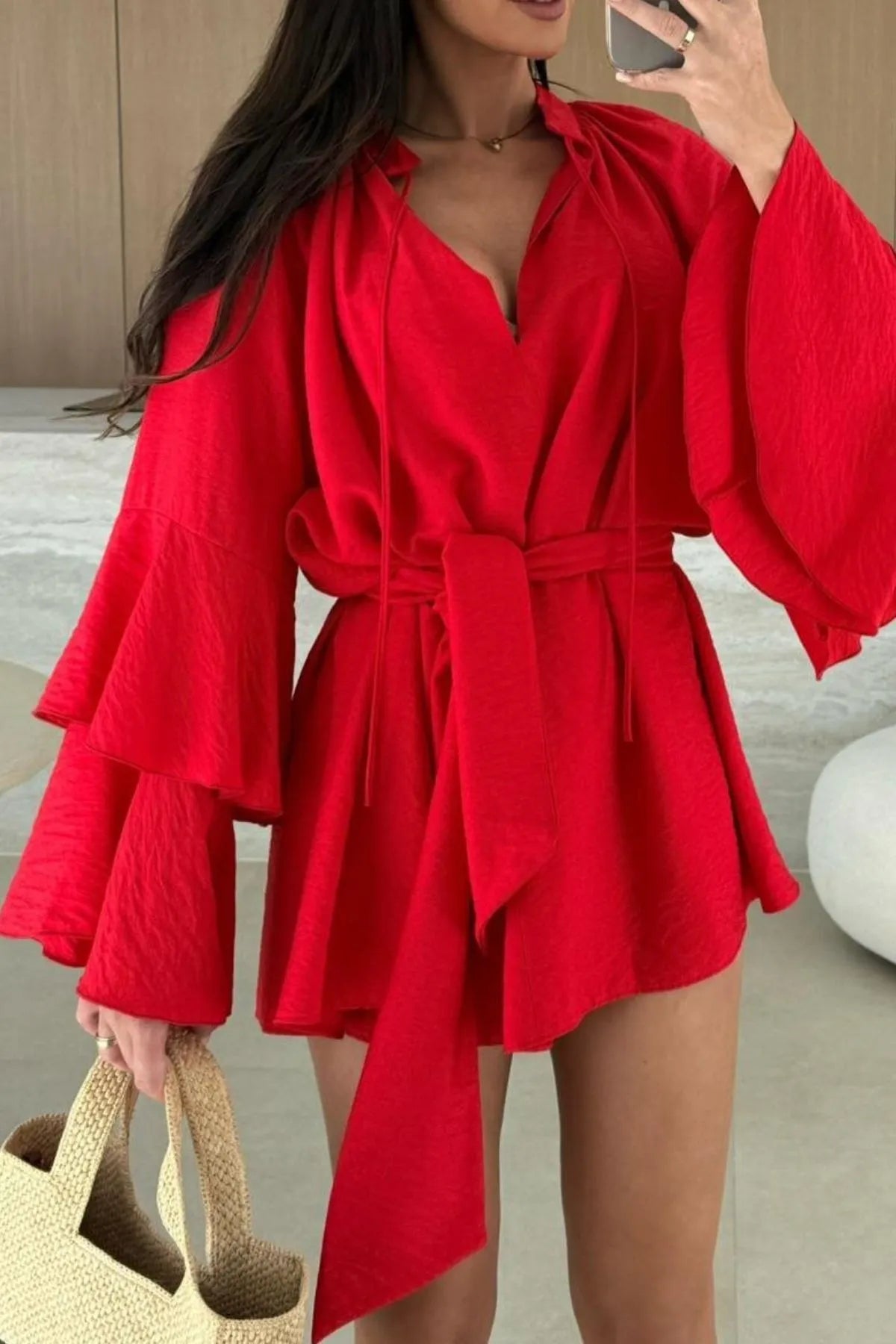 Bell Sleeve Tie-Waist Mini Shirt Dress