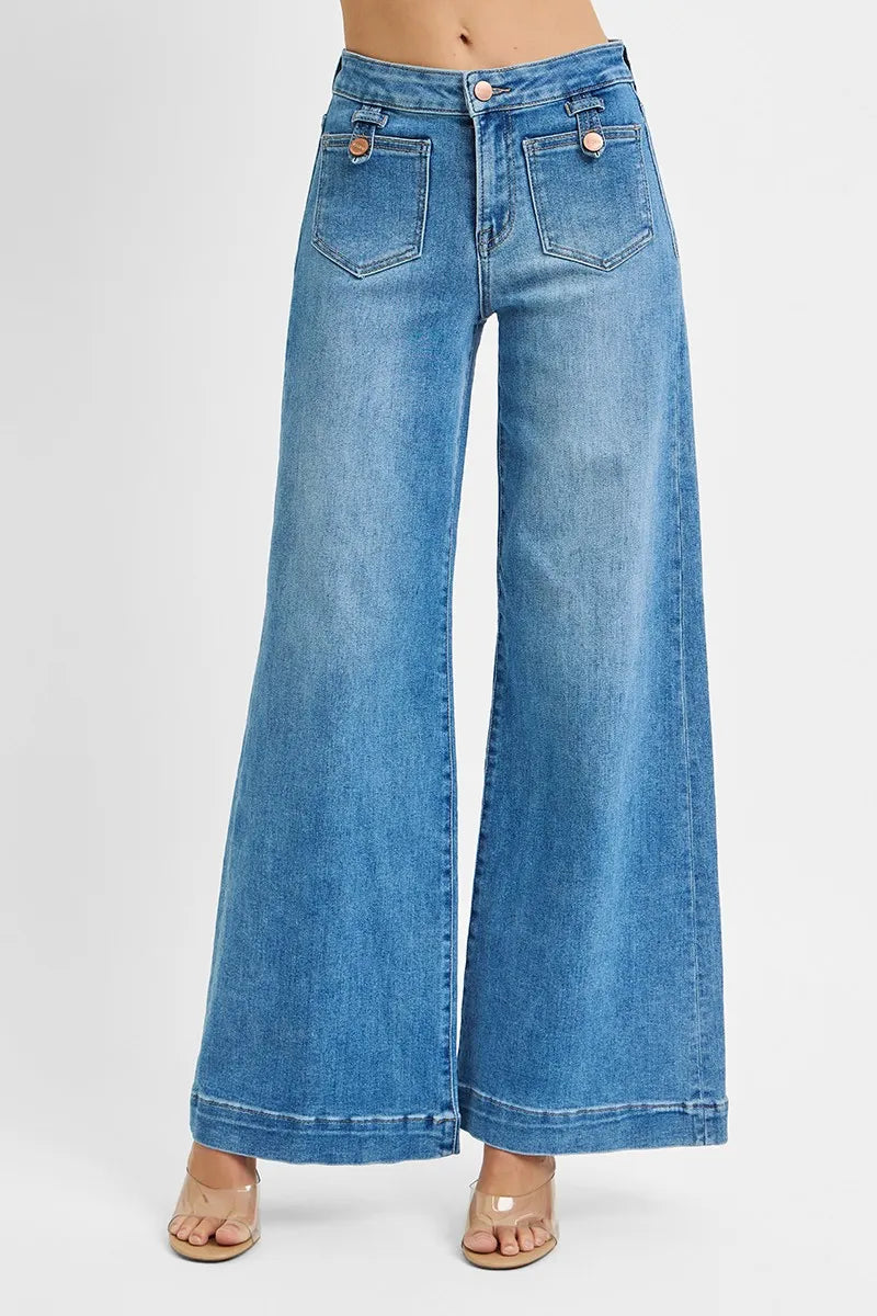 Risen Mid Rise Wide Leg Patch Pocket Jeans in Medium