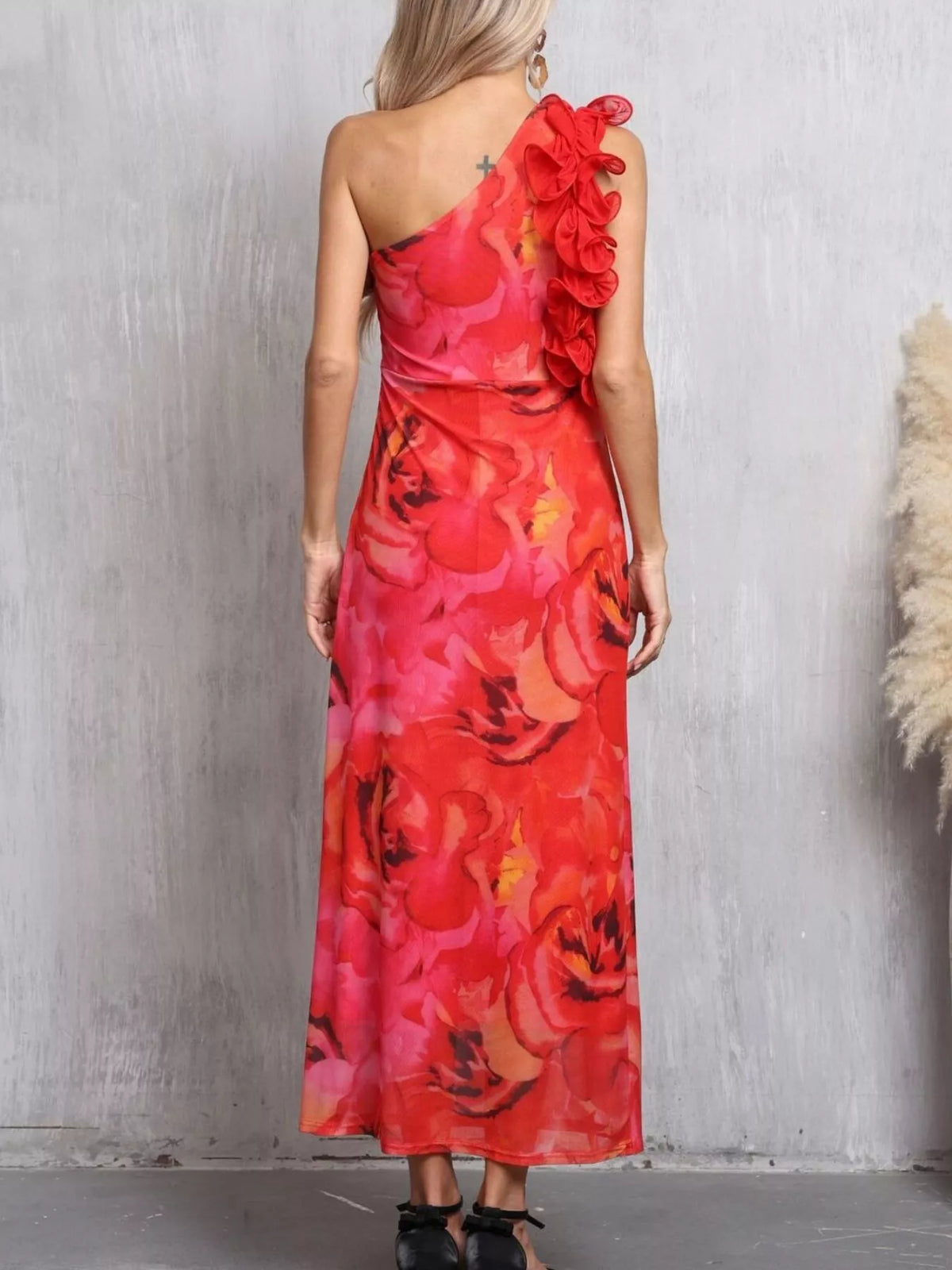 Floral One Shoulder Ruffle Trim Dress in Red
