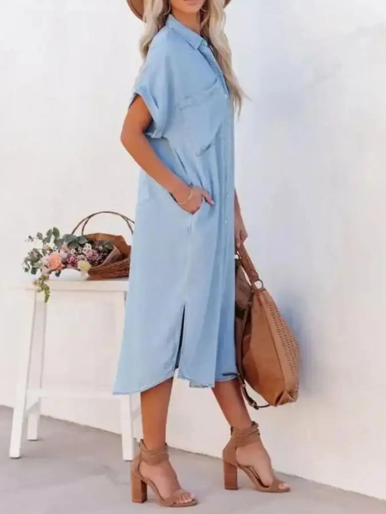 Button Down Denim Midi Shirt Dress in 1907 Color