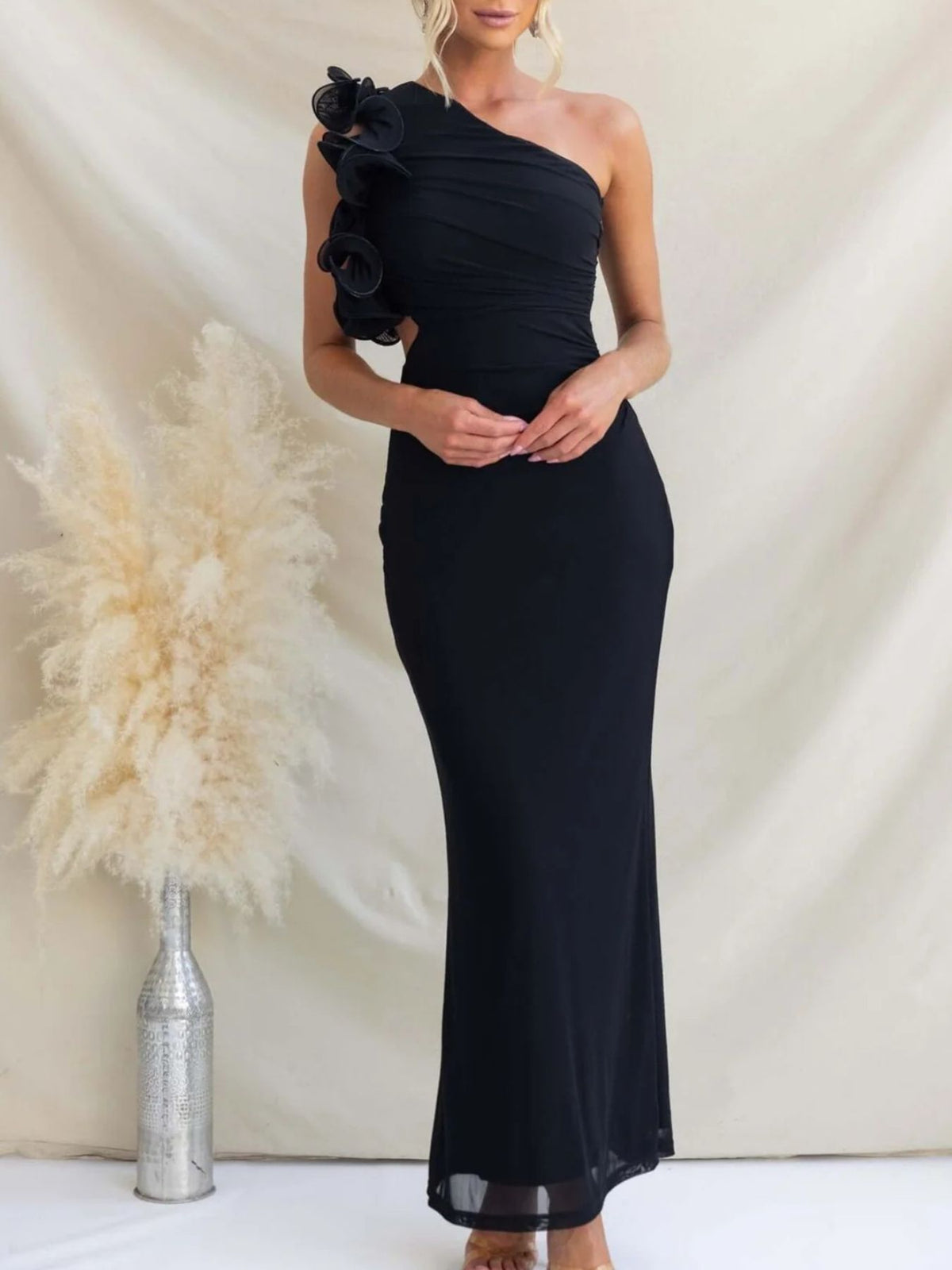 One-Shoulder Floral Trim Maxi Dress