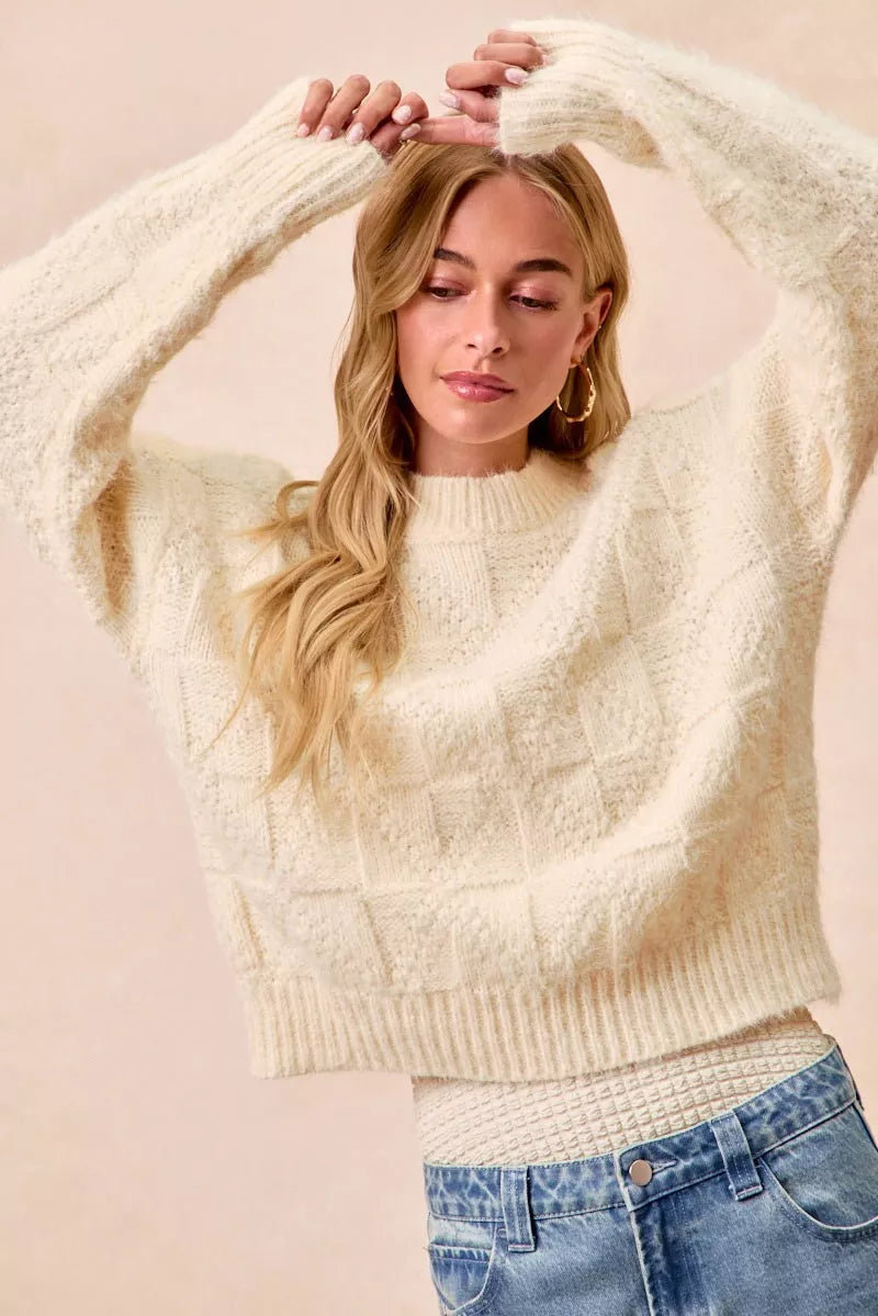 Checkerboard Drop Shoulder Sweater in Ivory by BiBi