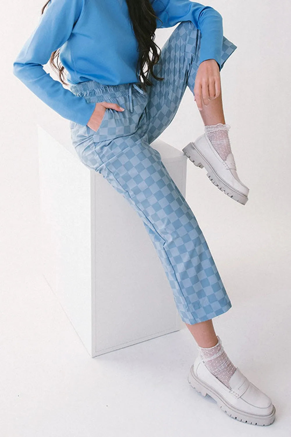 Checkered High-Waist Pants with Drawstring