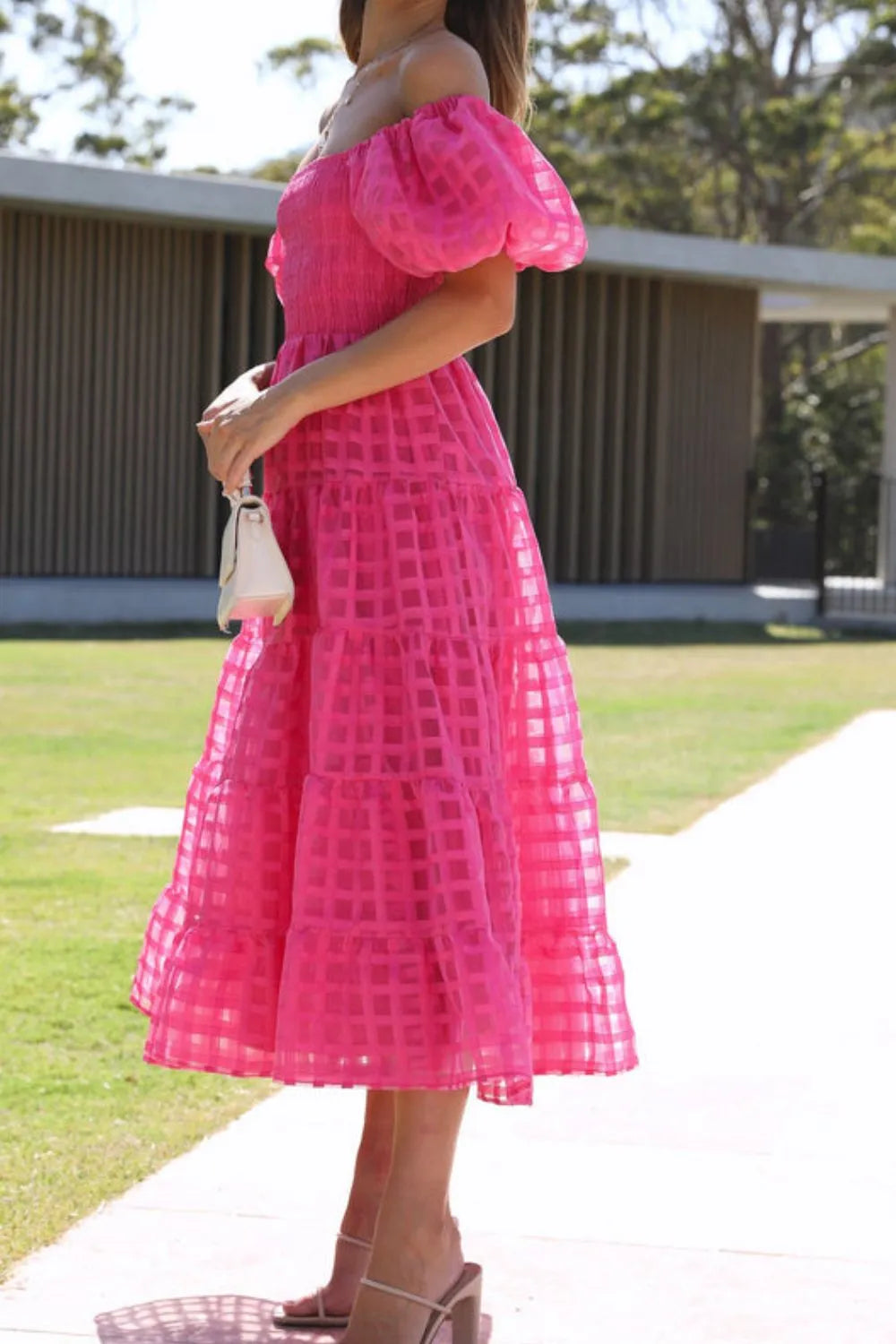 Off Shoulder Puff Sleeve Midi Dress