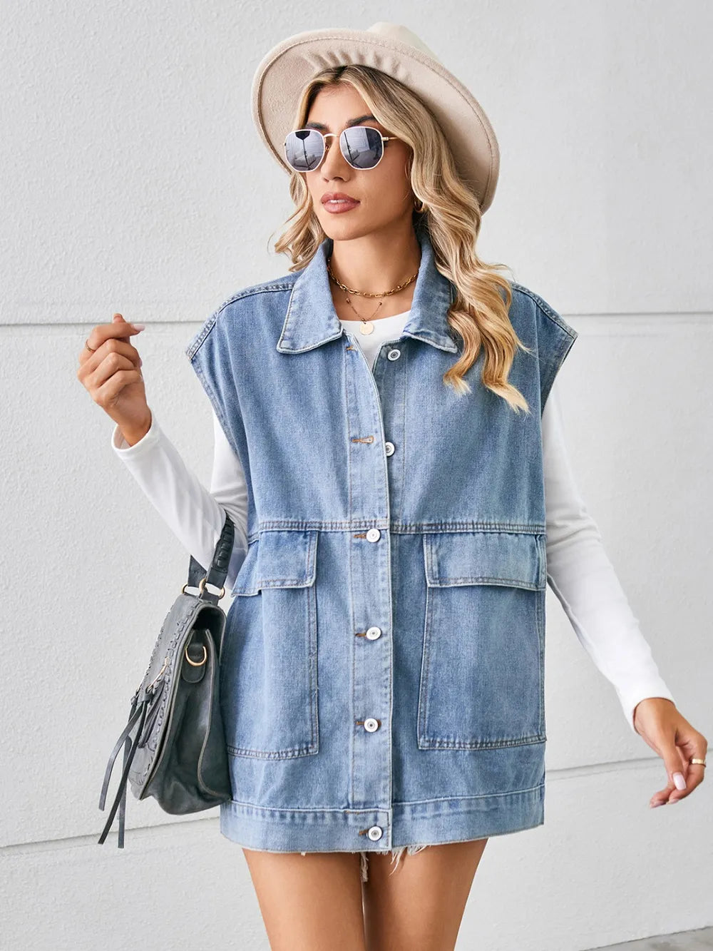 Pocketed Button Up Sleeveless Denim Jacket by Manny