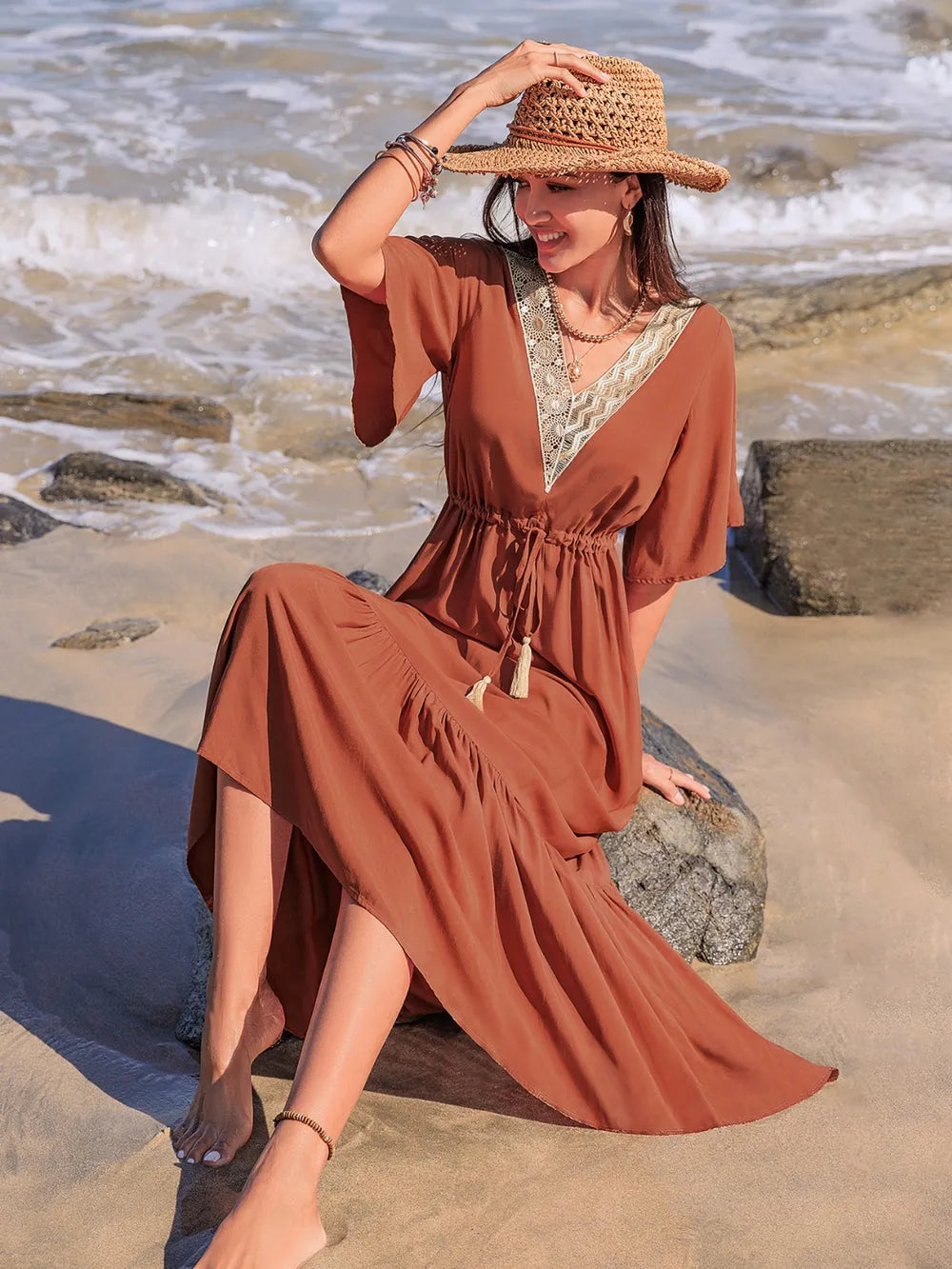 Ruffled Tassel Flutter Sleeve Dress in Terracotta