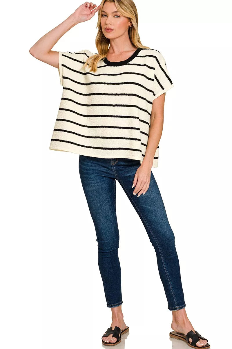 Zenana Striped Oversize Sweater Top in Black
