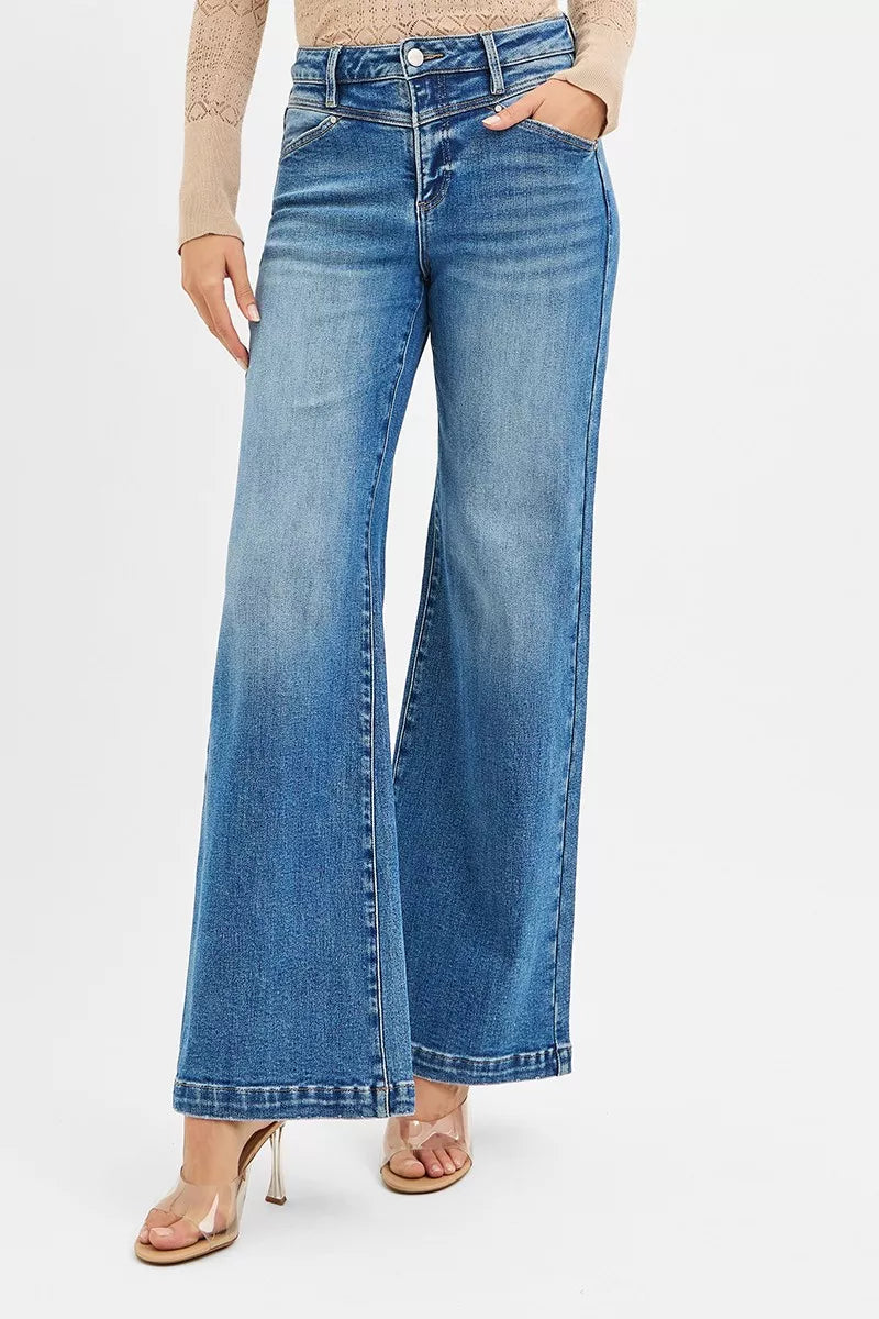 Risen High Rise Wide Leg Jeans with Heart Pocket in Medium Wash