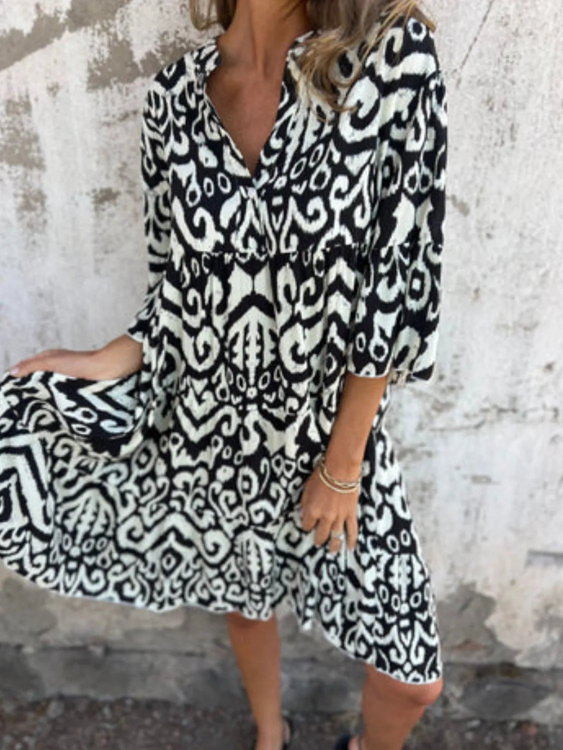 Notched Half Sleeve Printed Plus Size Dress