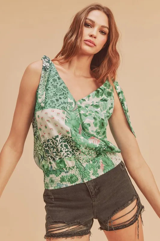Smocked Surplice Tank in Green