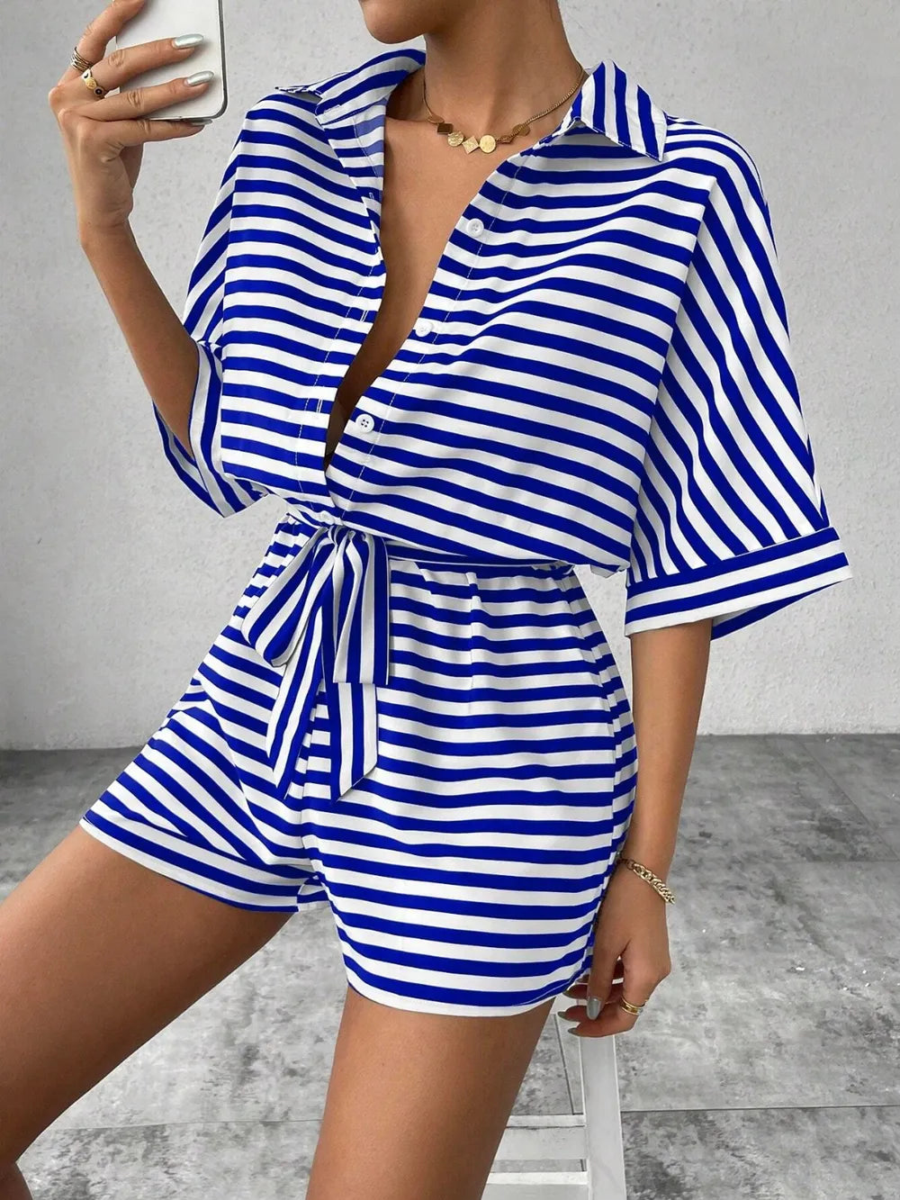 Half-Button Tie Waist Striped Romper