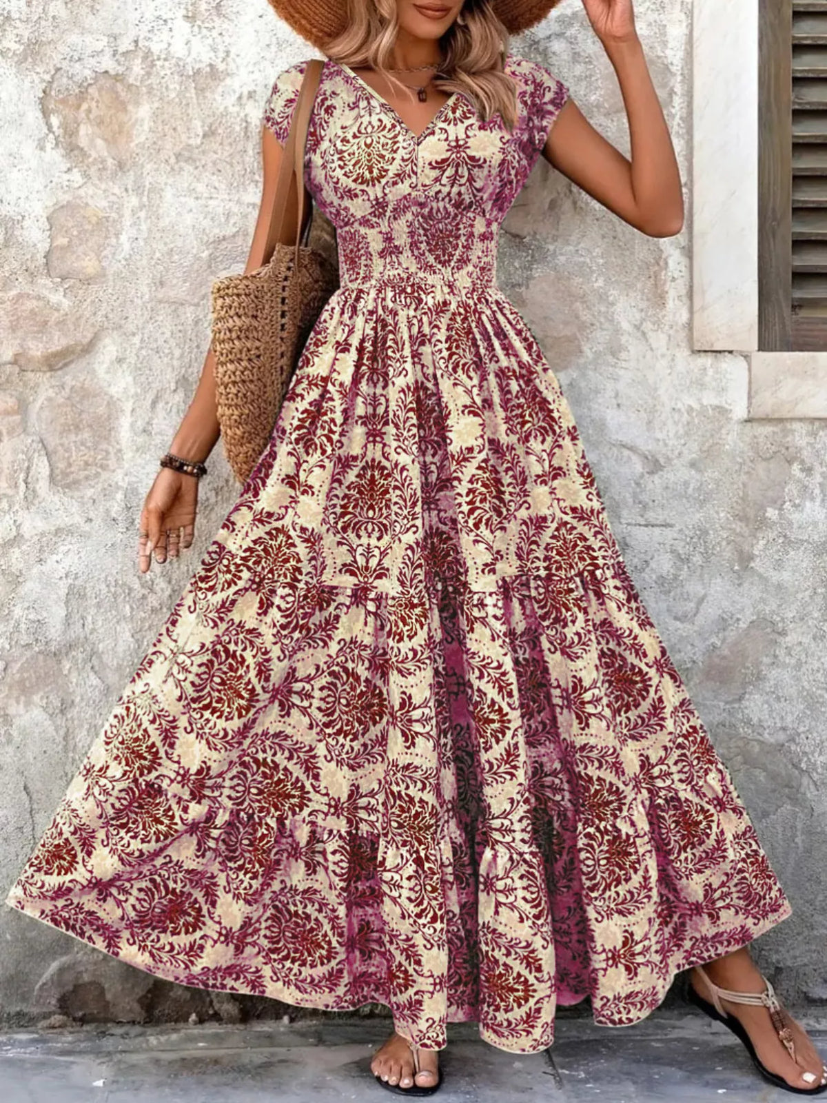 Smocked V-Neck Tiered Maxi Dress