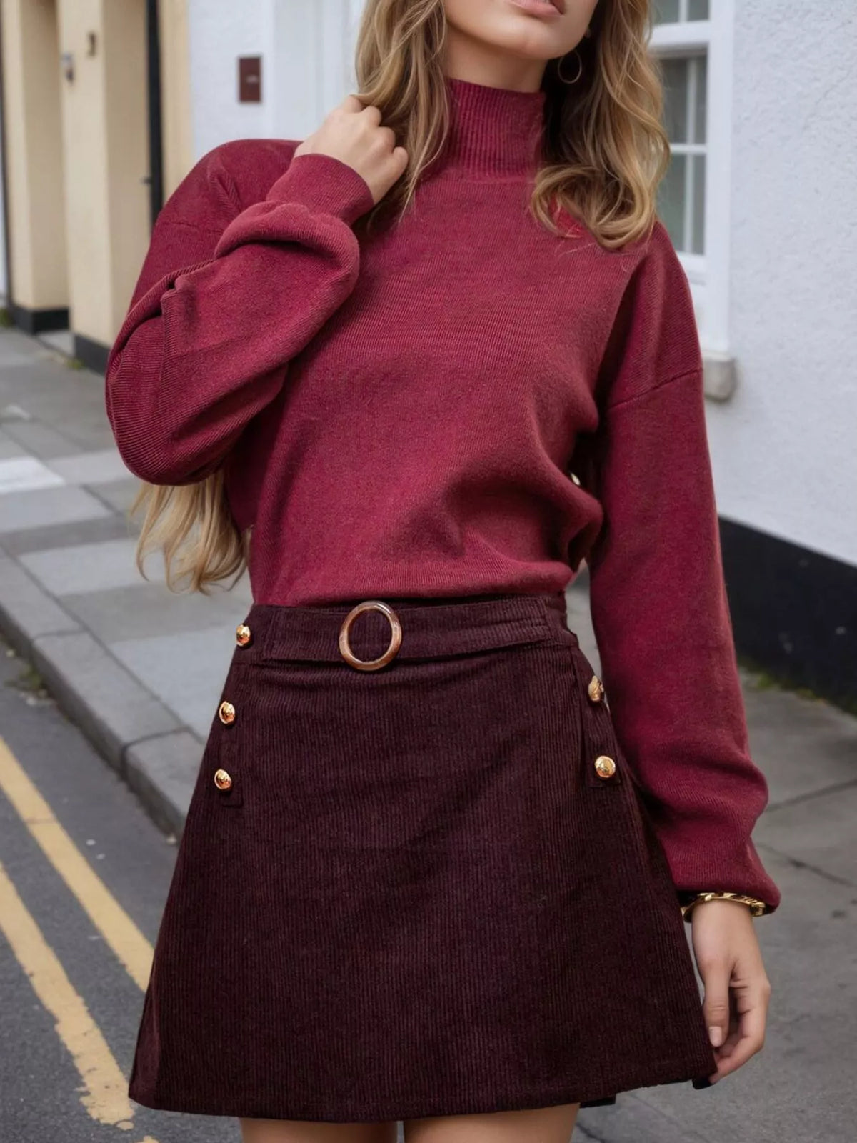 Corduroy Mini Skirt with Gold Buttons in Burgundy
