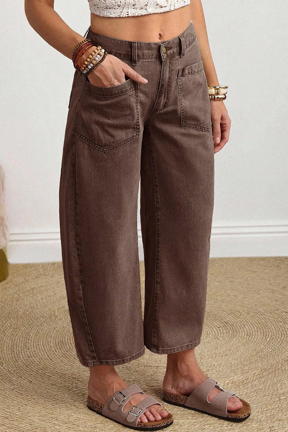 Square Patch Pocket Barrel Jeans in Coffee Brown